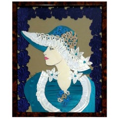 Vintage Collage Picture in Satin Lace and Applications with Woman Figure, 1980s