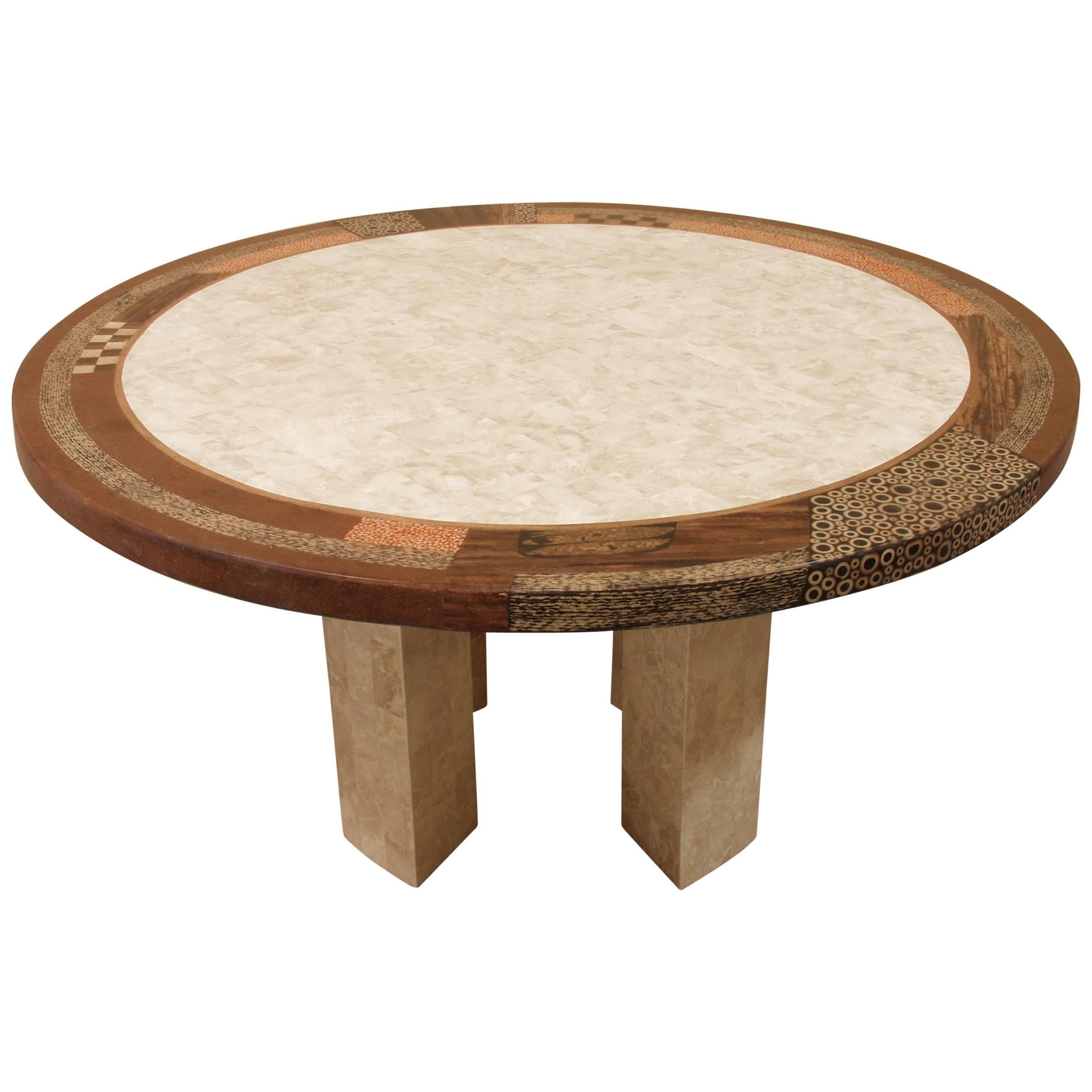 "Collage" Round Dining Table in Tessellated Stone and Natural Materials, 1990s For Sale
