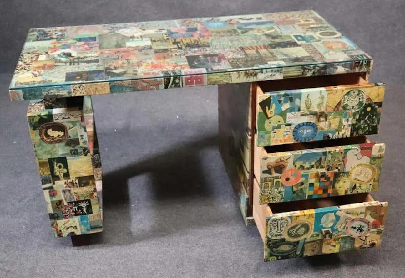 One of a kind midcentury desk covered completely in collage paper. Fun and funky for your home office. Three drawers and side shelves for storage.
Please confirm location NY or NJ.