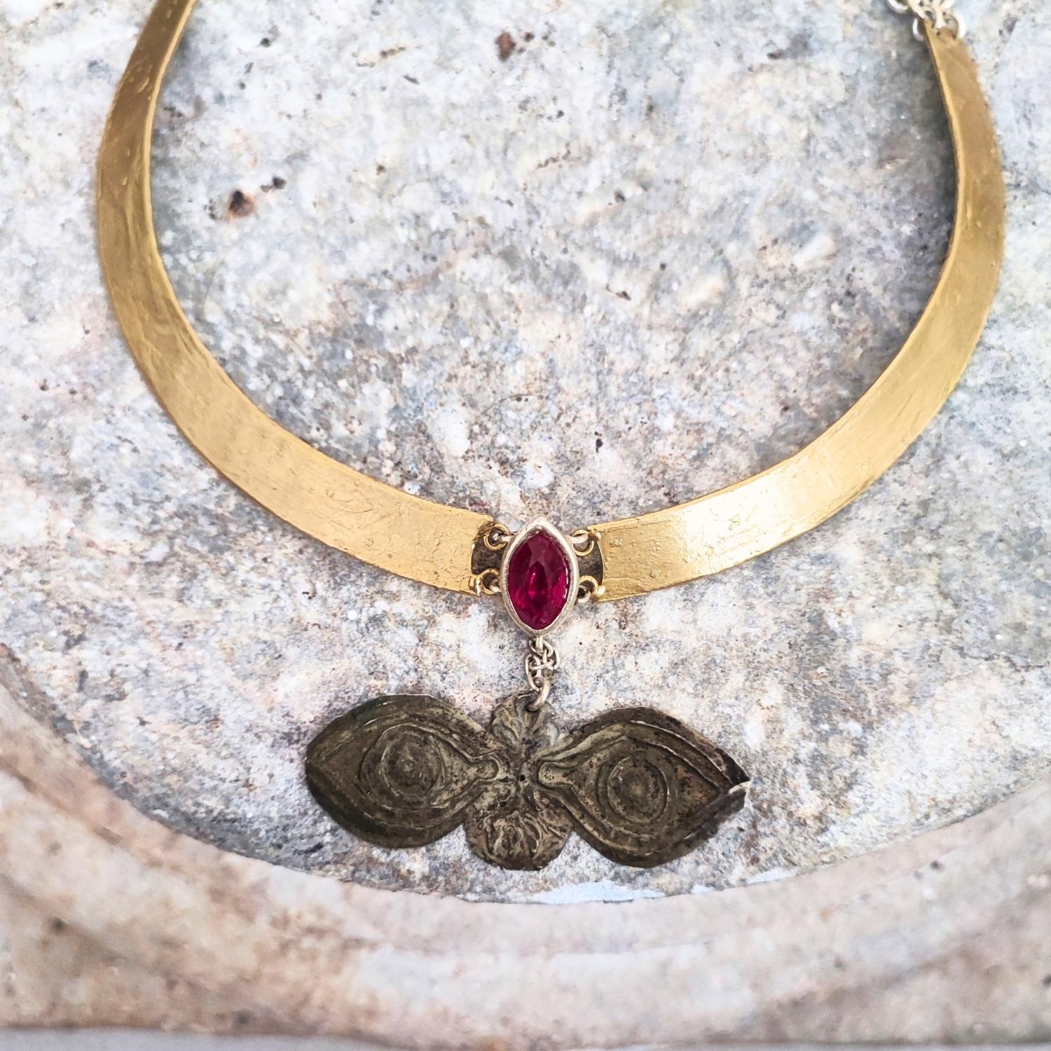 Artista Collana Argento Berillo Rosso e Occhi Ex Voto Antico Italiani fine 800