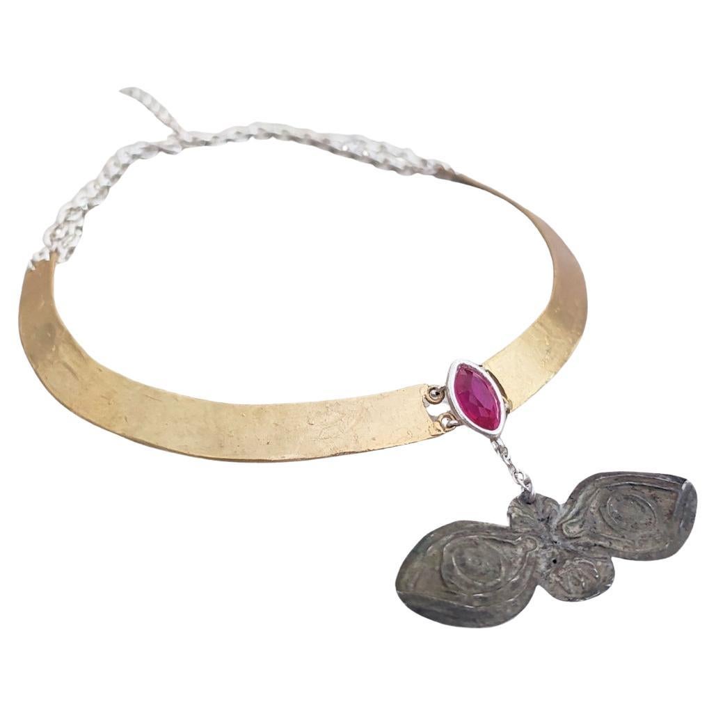 Collana Argento Berillo Rosso e Occhi Ex Voto Antico Italiani fine 800" in vendita