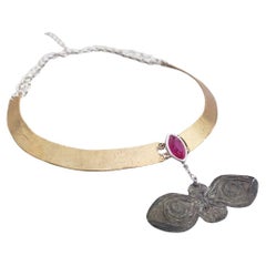 Collana Argento Berillo Rosso e Occhi Ex Voto Antico Italiani fine 800"
