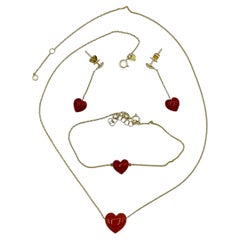 Collana bracciale orecchini oro 18Kt cuori in corallo rosso Mediterraneo