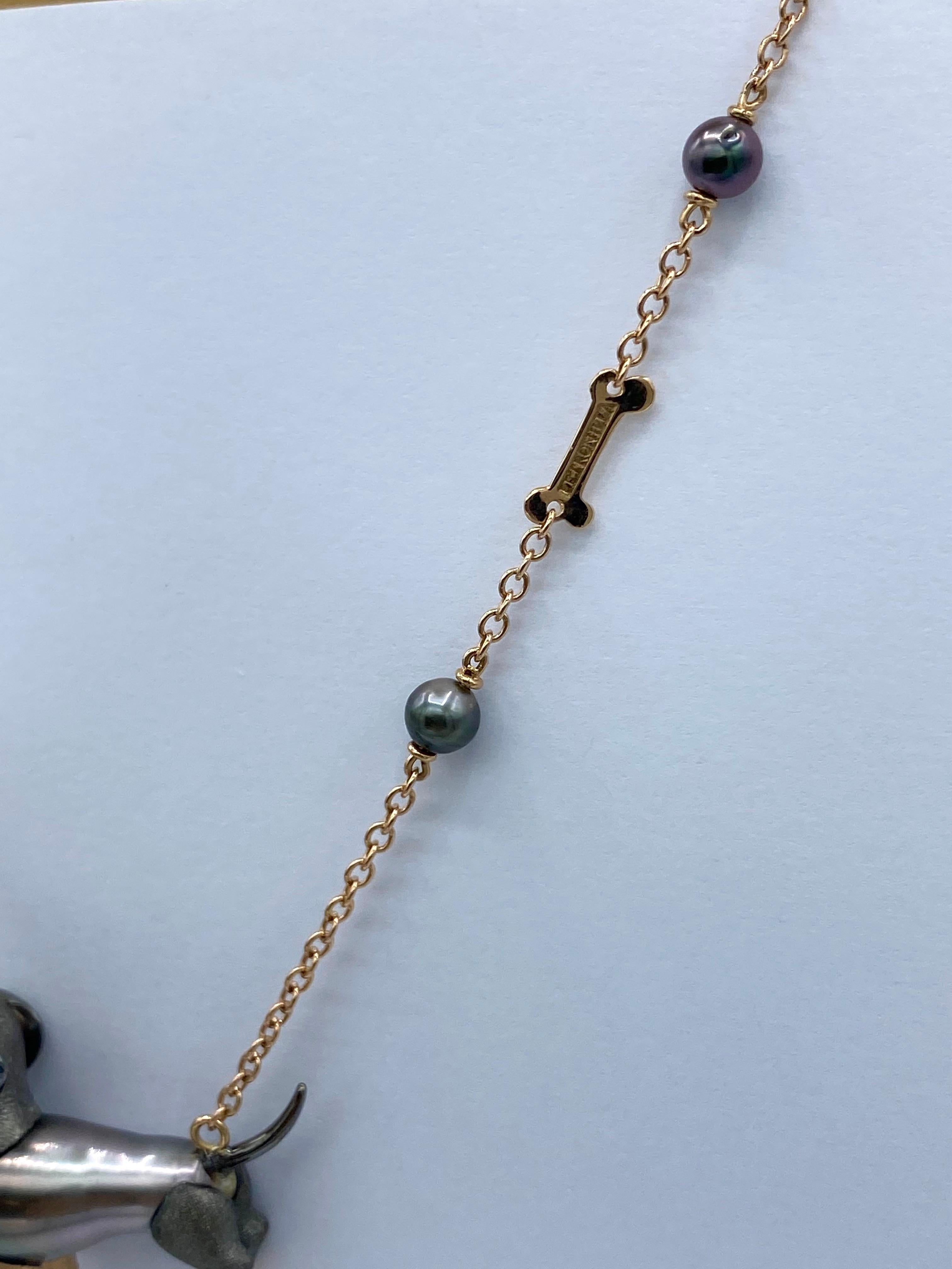 Collier teckel en or rose et blanc 18Kt avec perle keshi noire diamants en vente 7