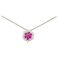 Collana con Pendente a Fiore in Oro Bianco 18Kt, Diamanti e Rubini