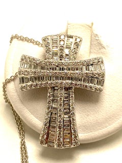 Diamond Cross Pendant Necklace Brilliant Cut Diamonds and Baguette