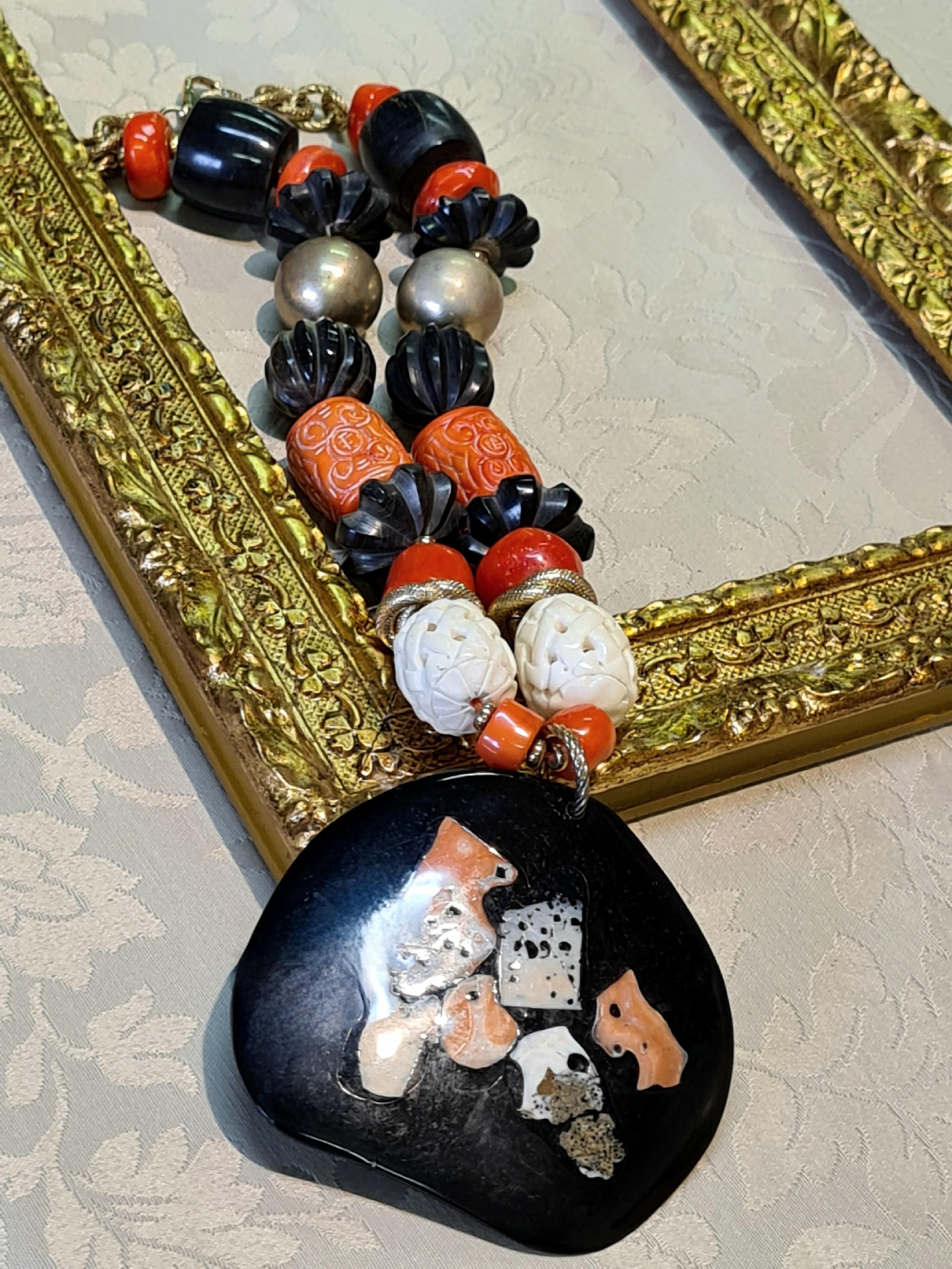 Women's Fantasy necklace with Horn Plate and Inlaid Coral For Sale