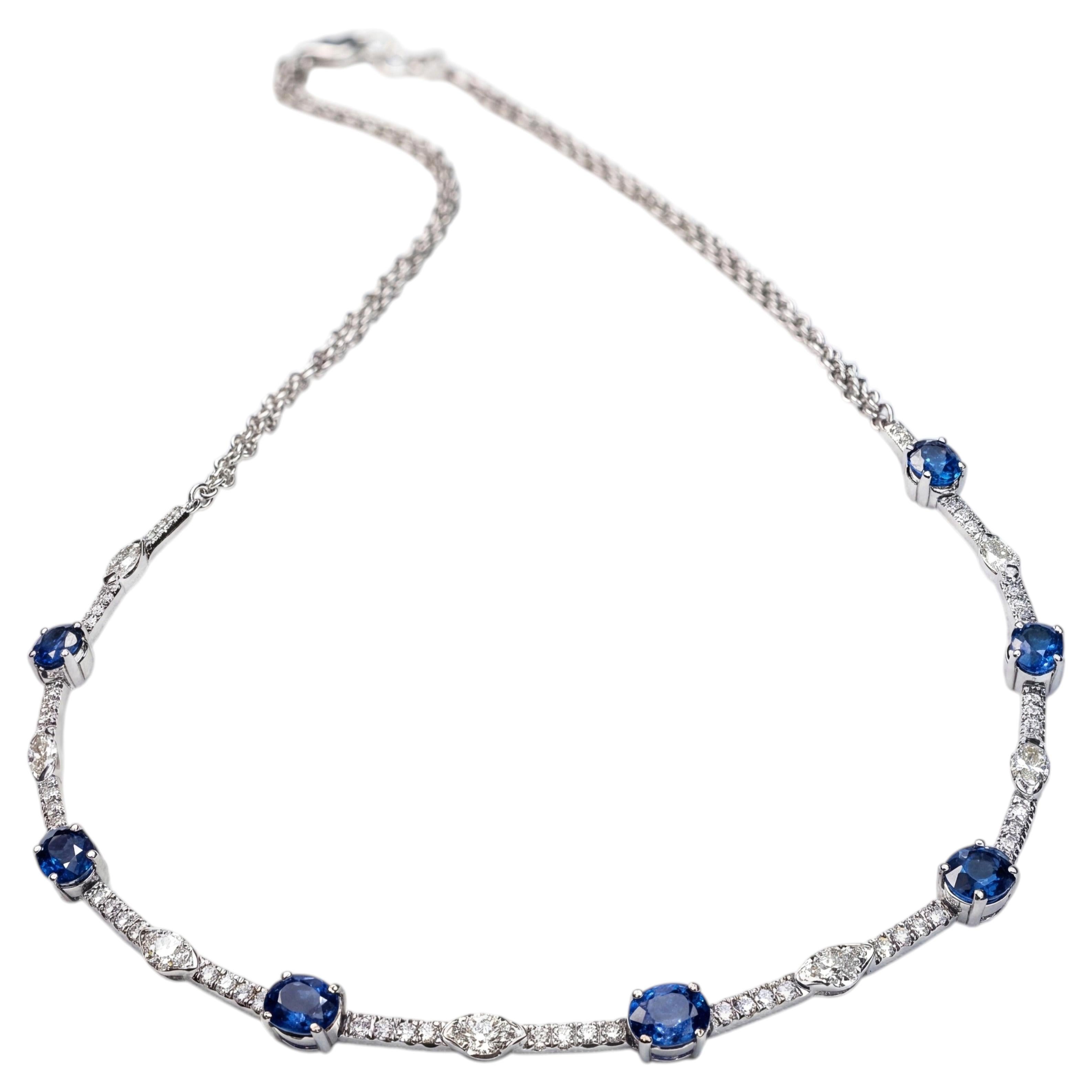 18k White Gold Choker Necklace with Blue Sapphires and Marquise-Cut Diamonds For Sale