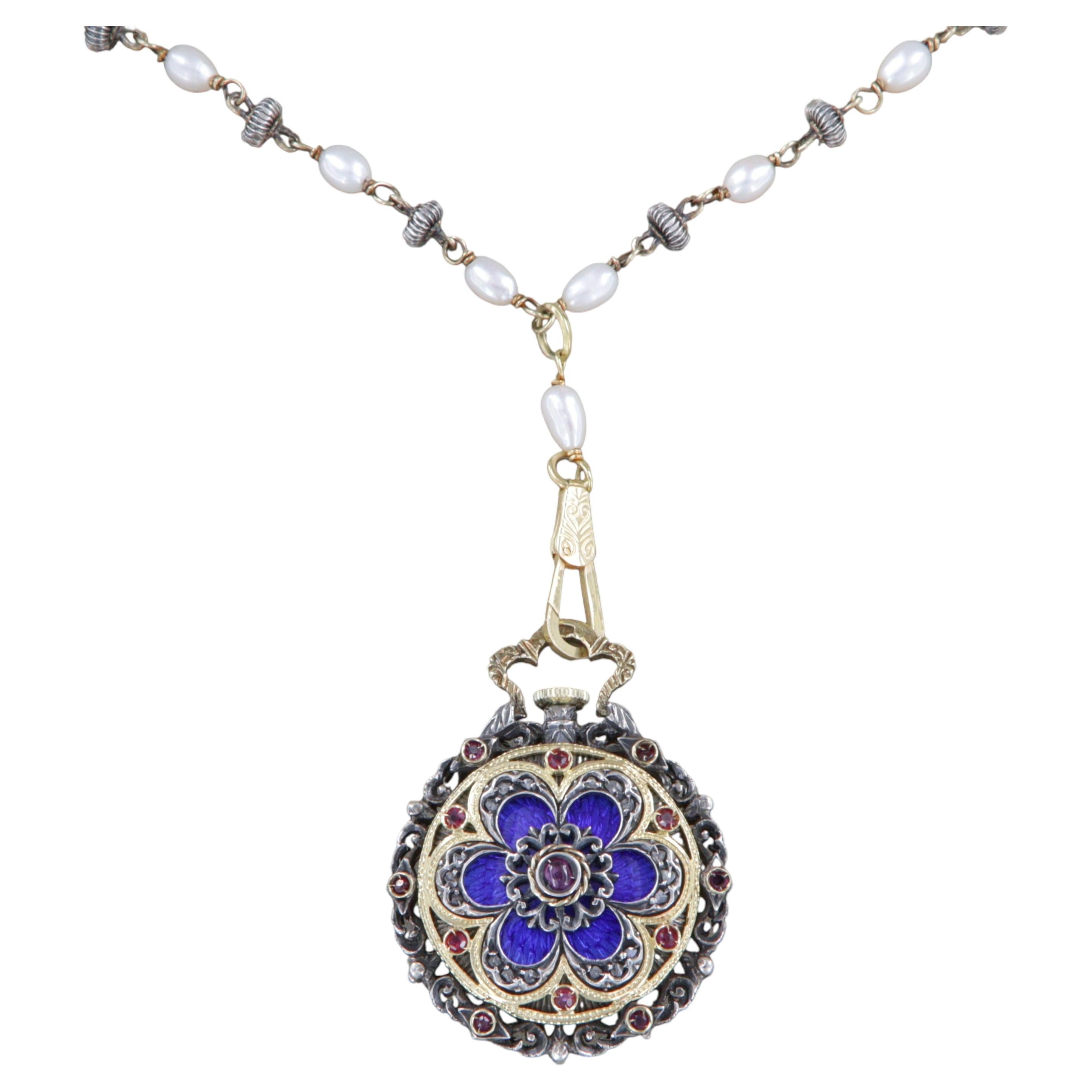 Antique 18kt Gold and Silver Pearl Pendant Necklace with Nisyse Watch, 1960s