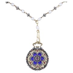 Antique 18kt Gold and Silver Pearl Pendant Necklace with Nisyse Watch, 1960s