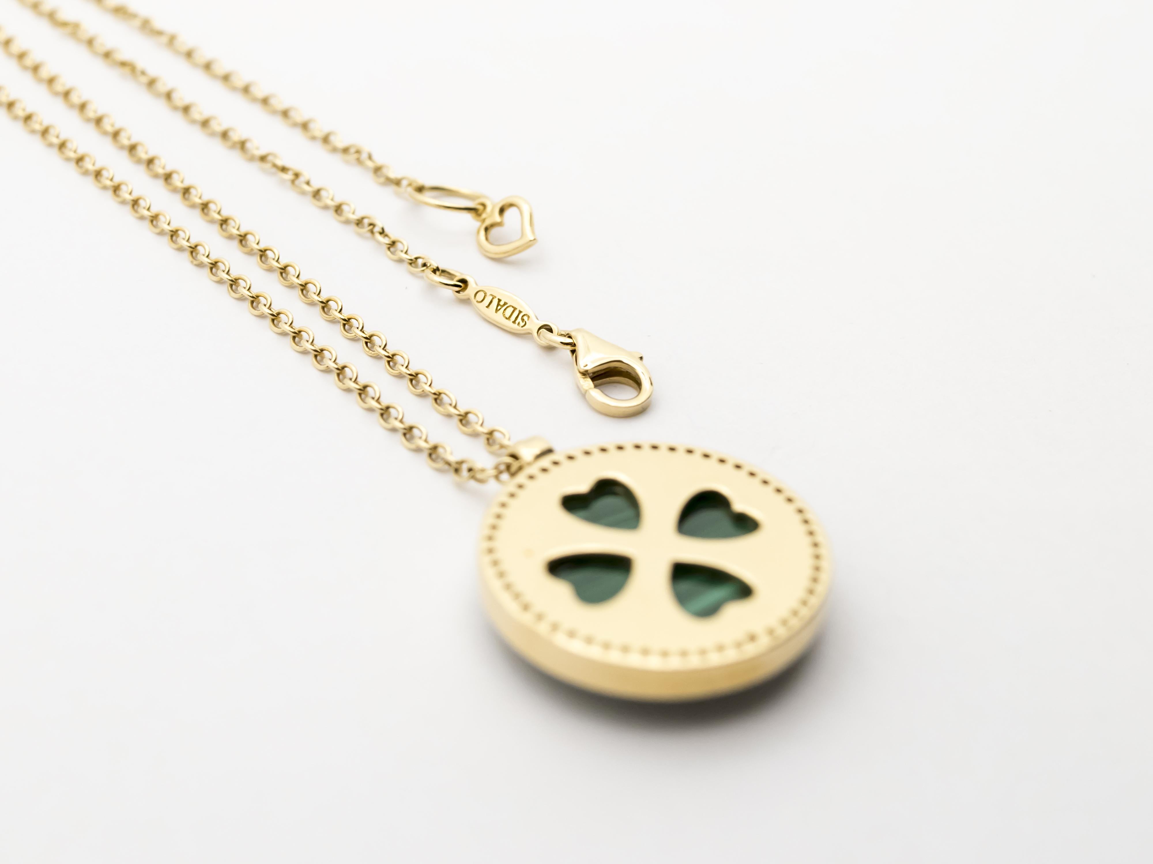 Women's or Men's Yellow Gold Necklace with Malachite and Diamond Pendant For Sale