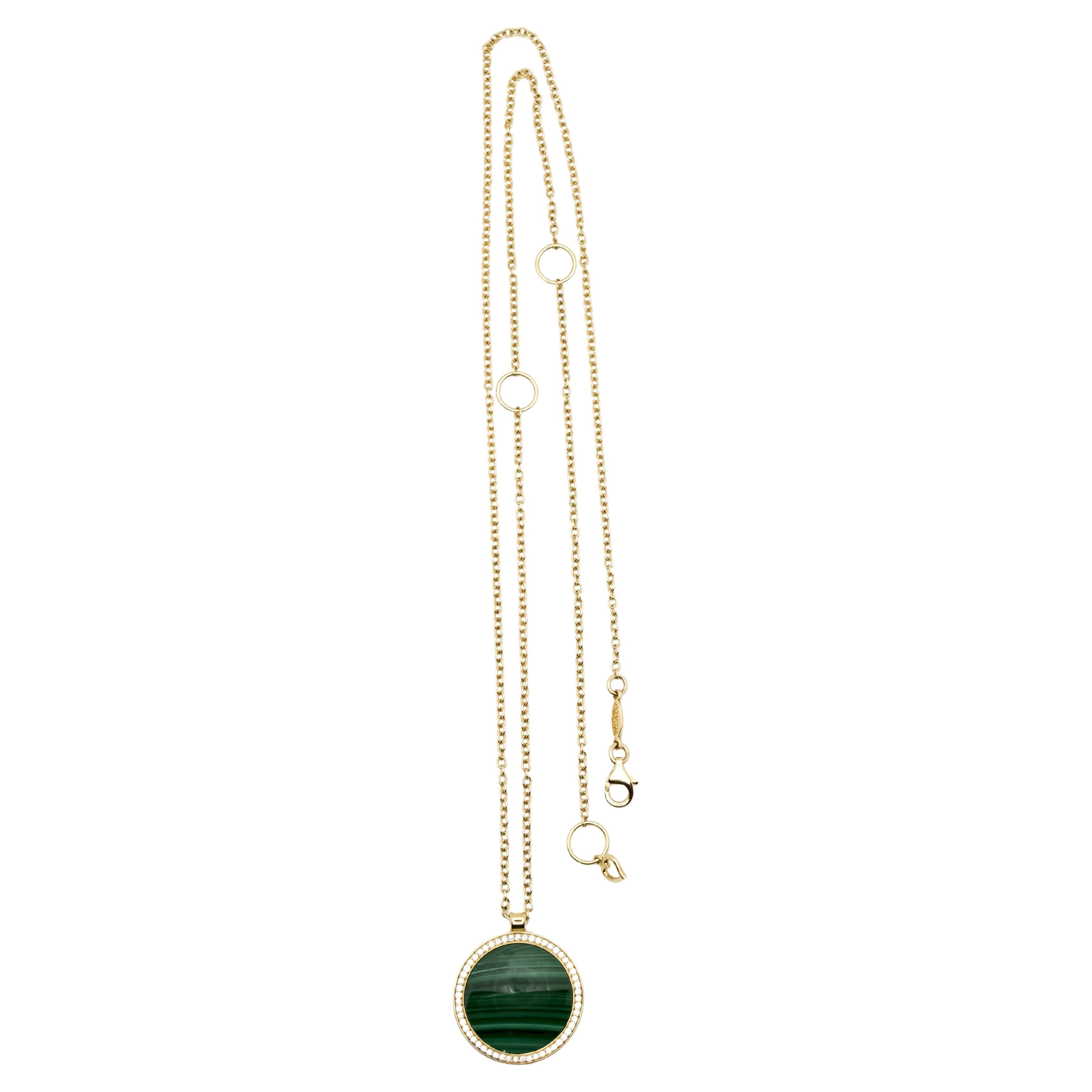 Yellow Gold Necklace with Malachite and Diamond Pendant For Sale