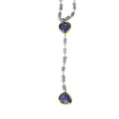 Tanzanite rosary necklace with two 18 k yellow gold hearts