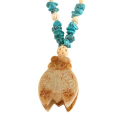 lange Halskette aus antiker chinesischer Jade und türkisfarbenem Stein