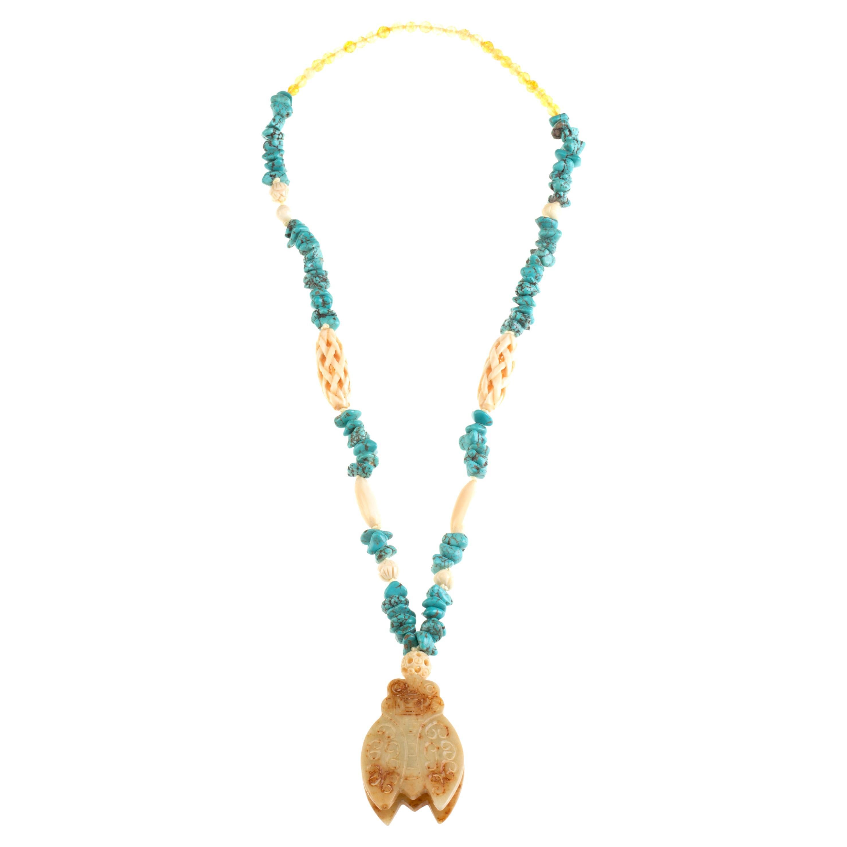 antique Chinese jade and turquoise stone long necklace