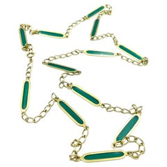 Vintage Italian 18k gold long necklace with green cathedral enamels