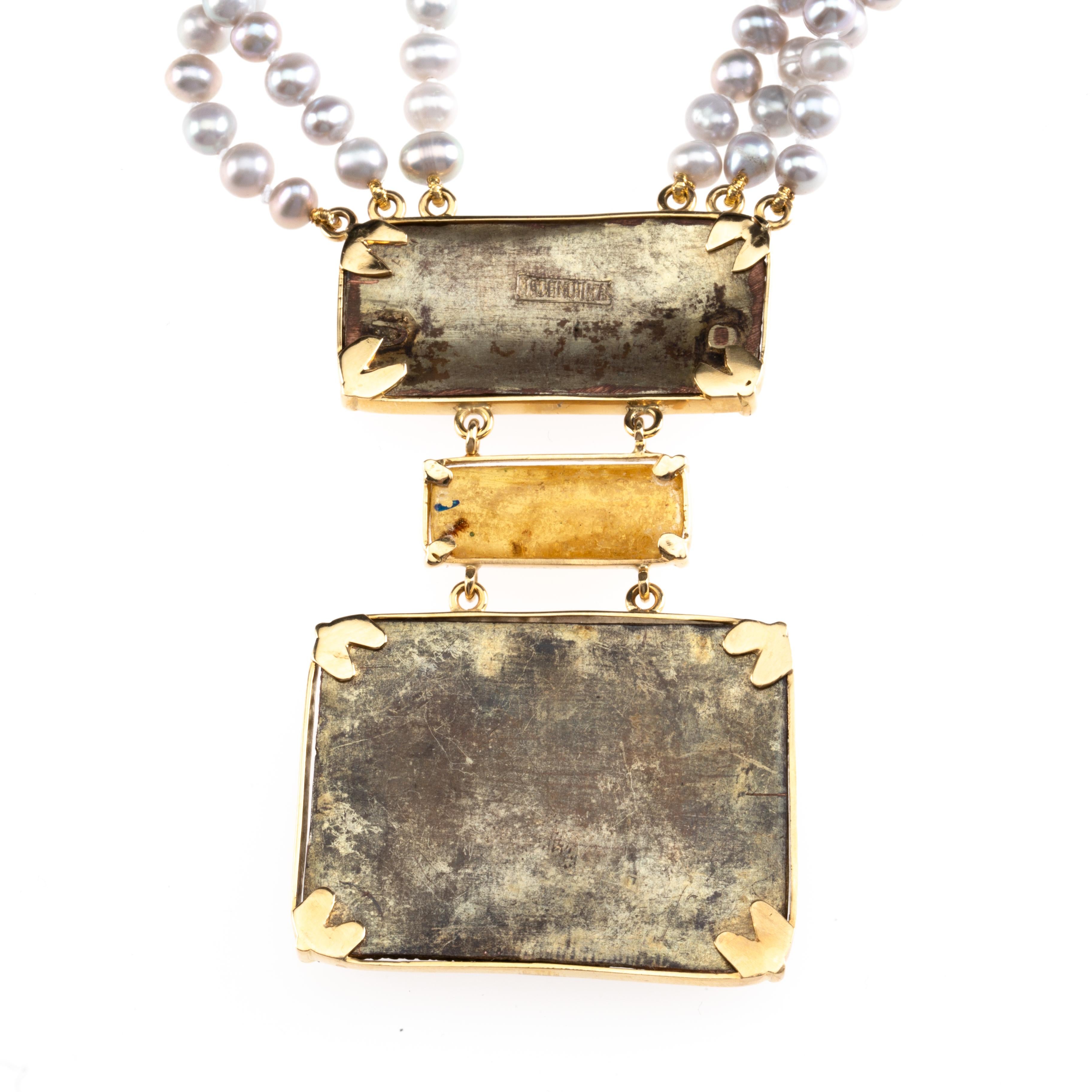 collier de perles de rivière en or 18k, ambre et laque chinoise antique en vente 1
