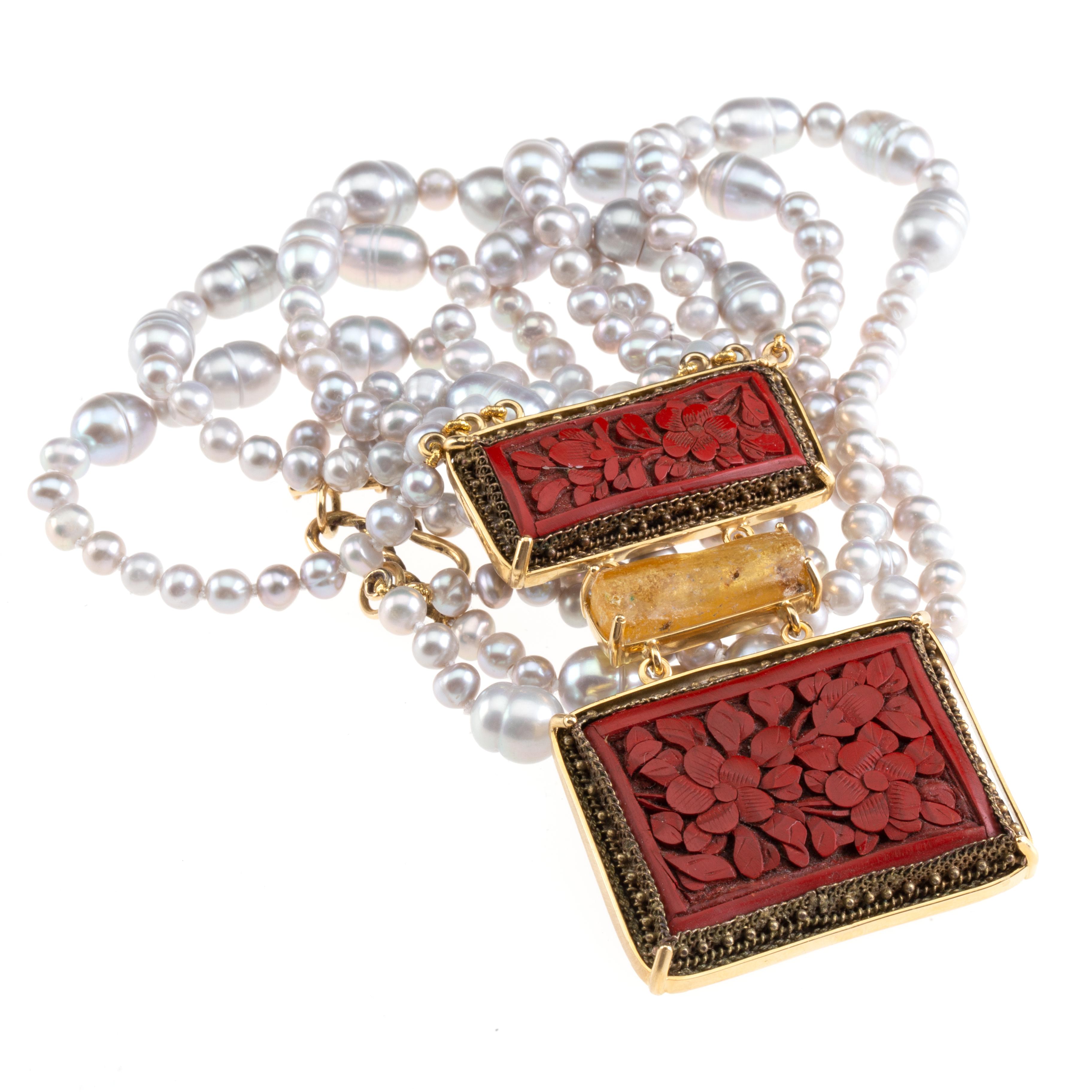 collier de perles de rivière en or 18k, ambre et laque chinoise antique en vente 2