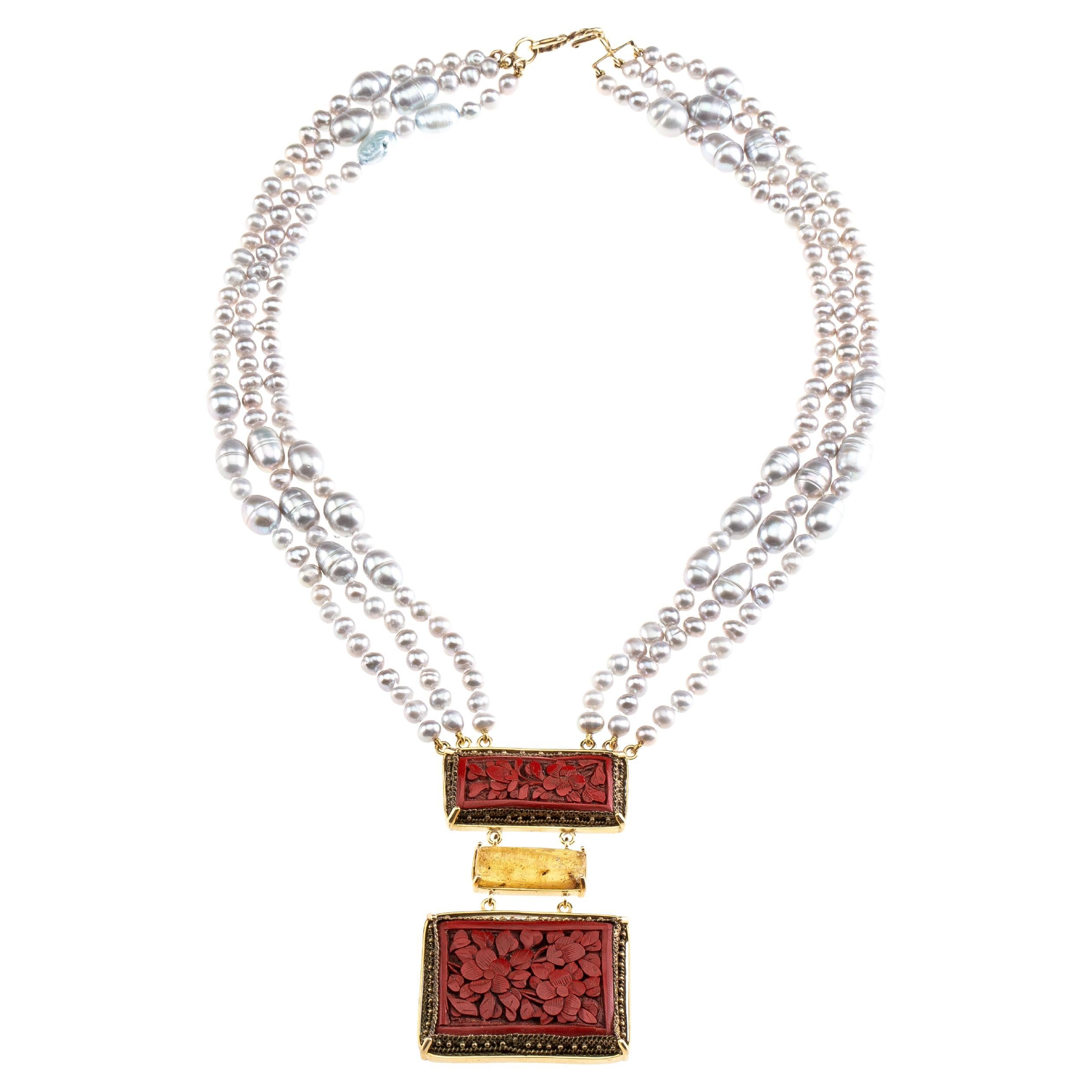 collier de perles de rivière en or 18k, ambre et laque chinoise antique