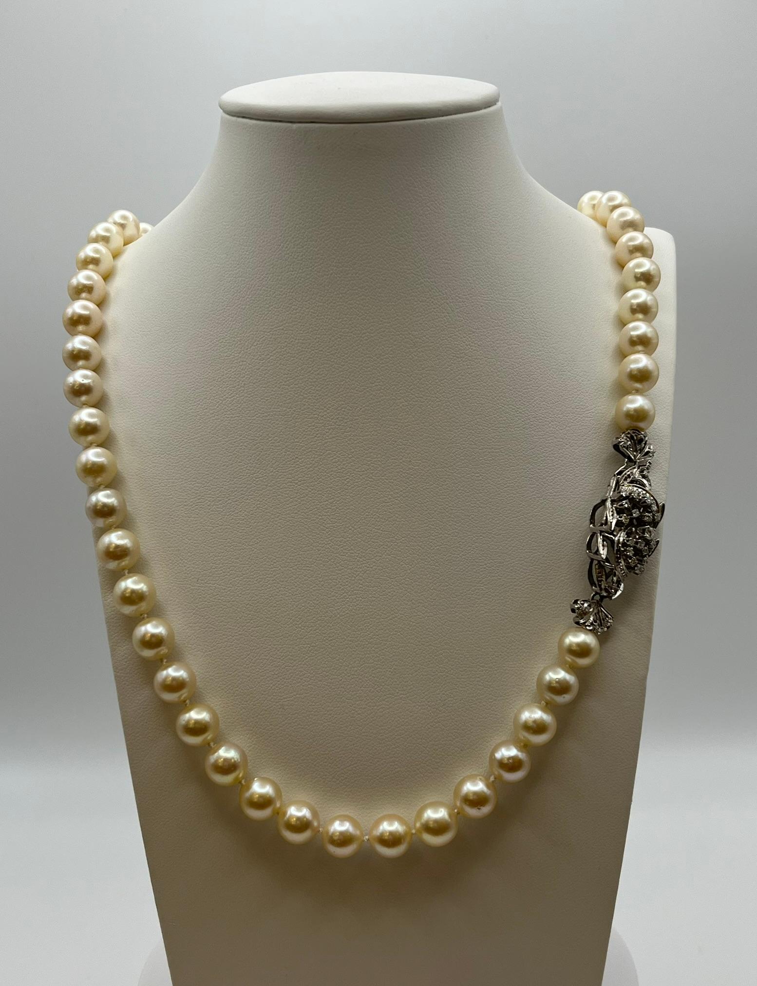 Questa collana ha un incantevole filo di perle giapponesi akoya con un diametro di mm 8,5/9 che nella sua semplicità è di per se bellissimo. La vera particolarità di questa collana è, però, la sua fermezza che misura 4,4 cm x 1,40 cm, è in oro