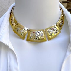 Collar Necklace of 18K Gold Openwork Plaque Links Set w Diamonds & "Big 3" Gems
