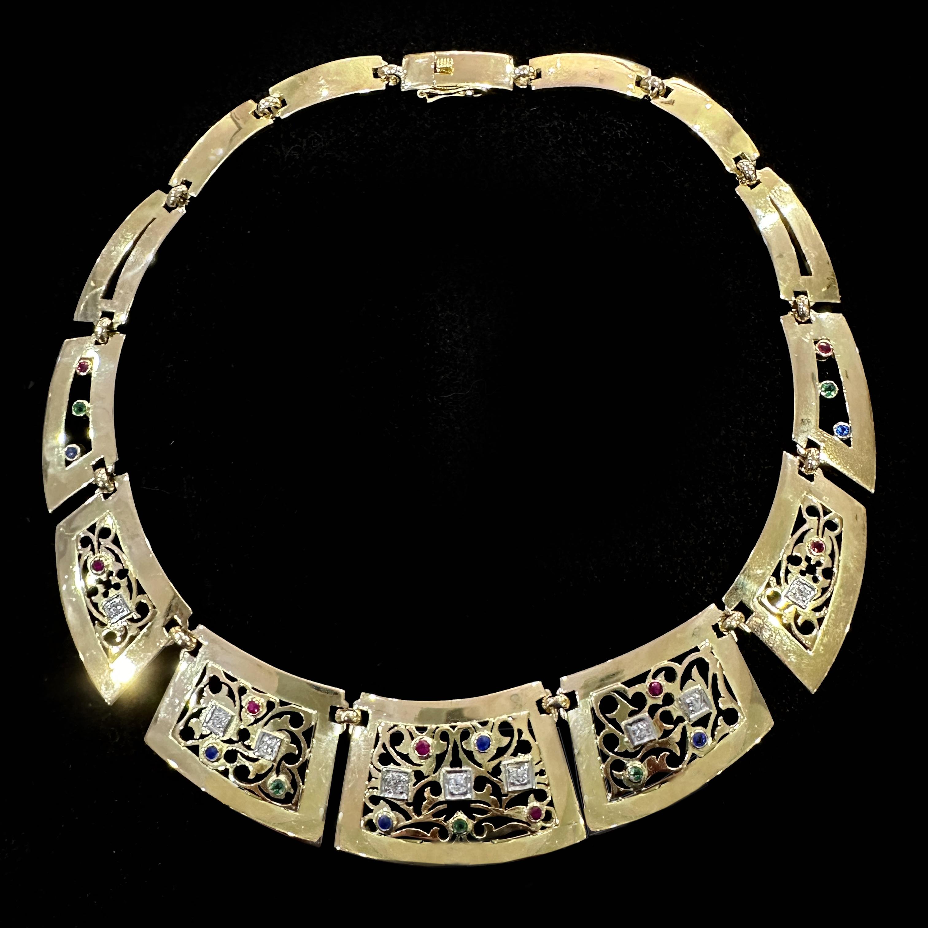 Contemporary Collar Necklace of 18K Gold Openwork Plaque Links Set w Diamonds & 