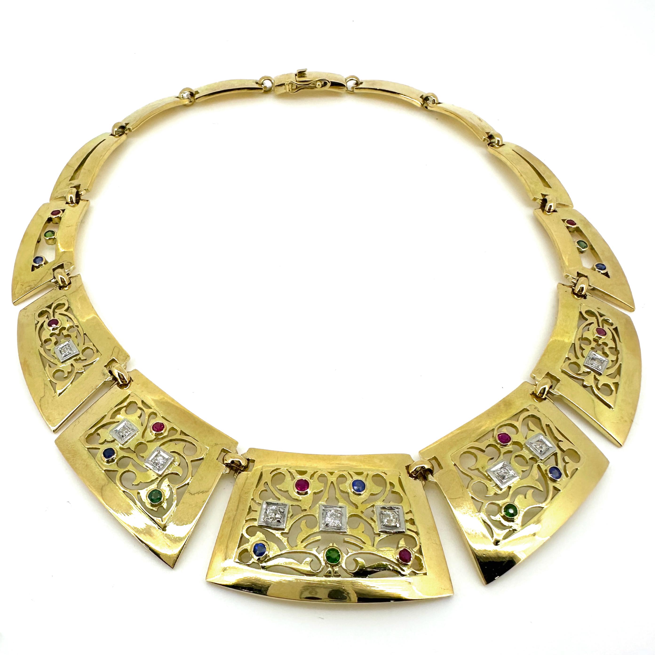 Round Cut Collar Necklace of 18K Gold Openwork Plaque Links Set w Diamonds & 