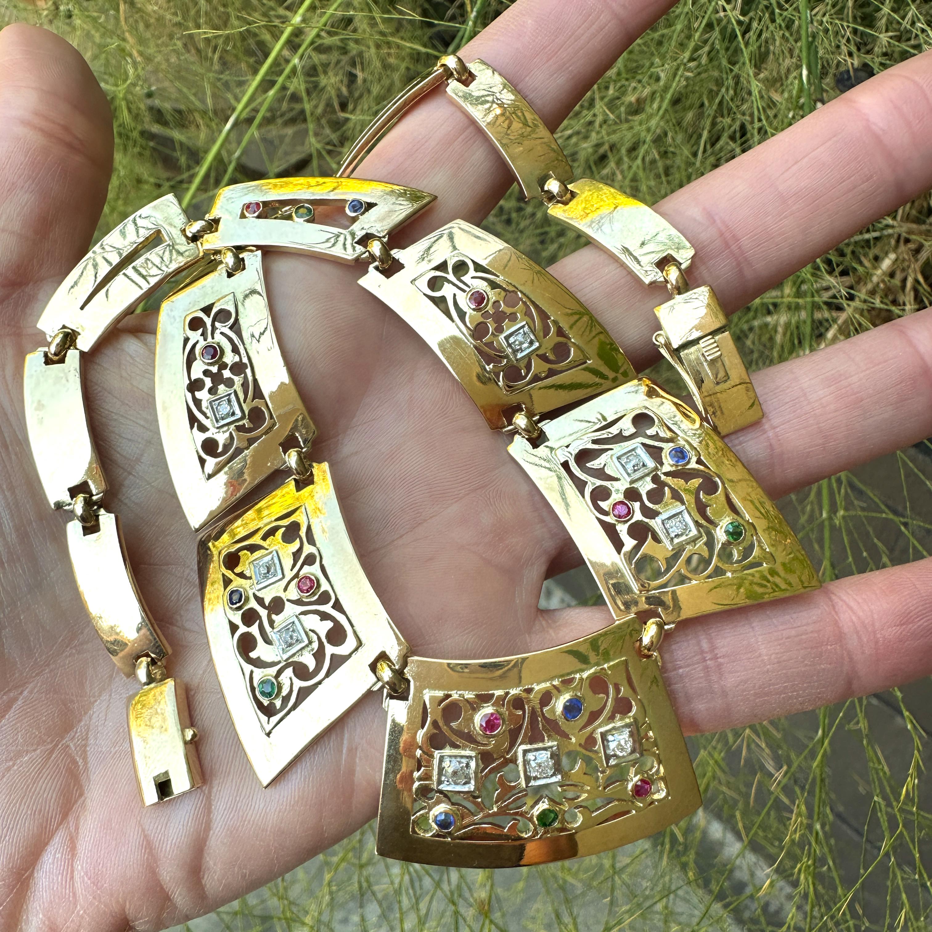 Collar Necklace of 18K Gold Openwork Plaque Links Set w Diamonds & 