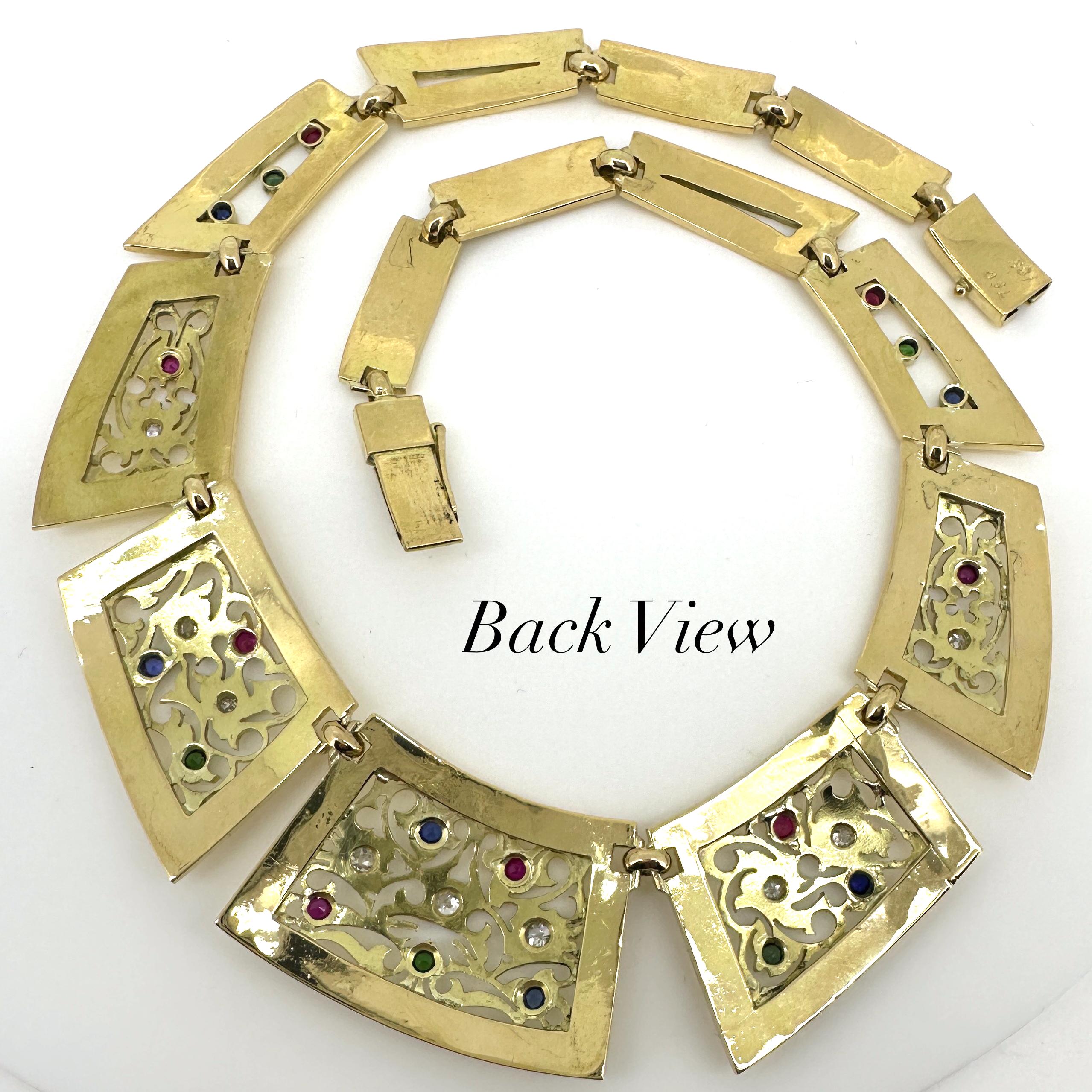 Women's Collar Necklace of 18K Gold Openwork Plaque Links Set w Diamonds & 