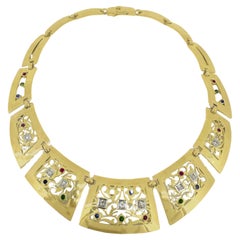 Collar Necklace of 18K Gold Openwork Plaque Links Set w Diamonds & "Big 3" Gems