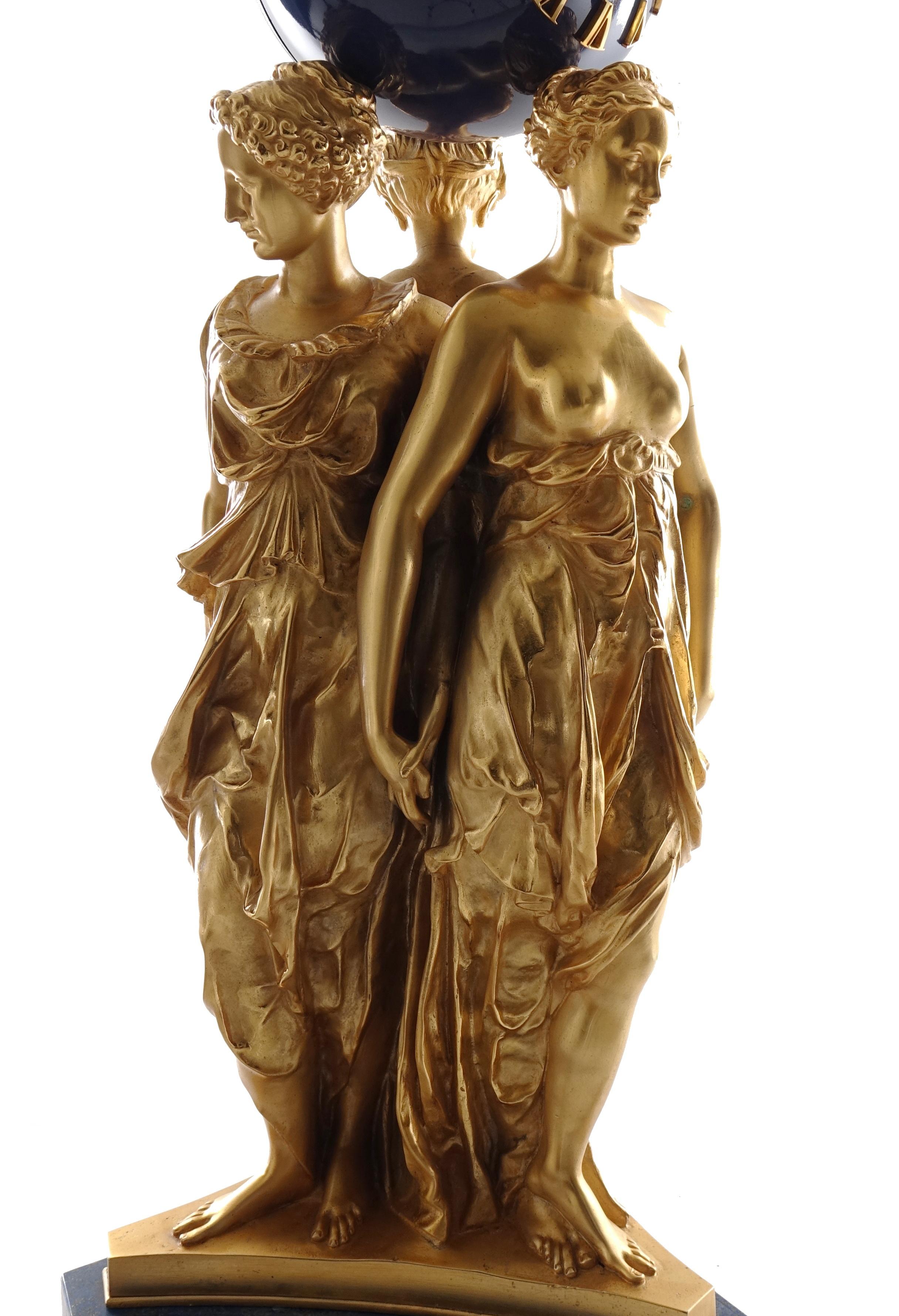 Collas Achille for Ferdinand Barbedienne, Gilt Bronze Clock, Three Graces Sculp 10