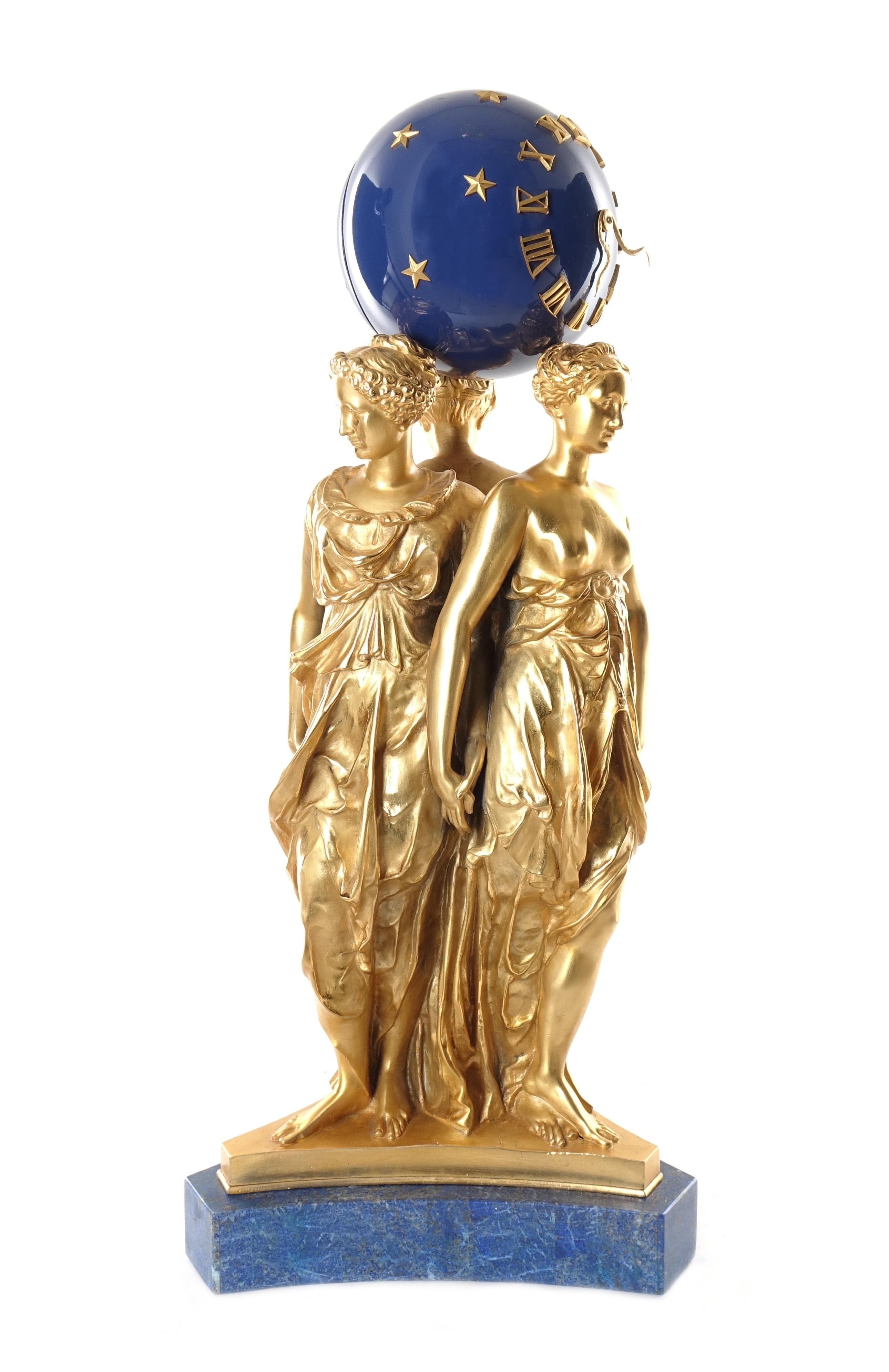 Napoleon III Collas Achille for Ferdinand Barbedienne, Gilt Bronze Clock, Three Graces Sculp