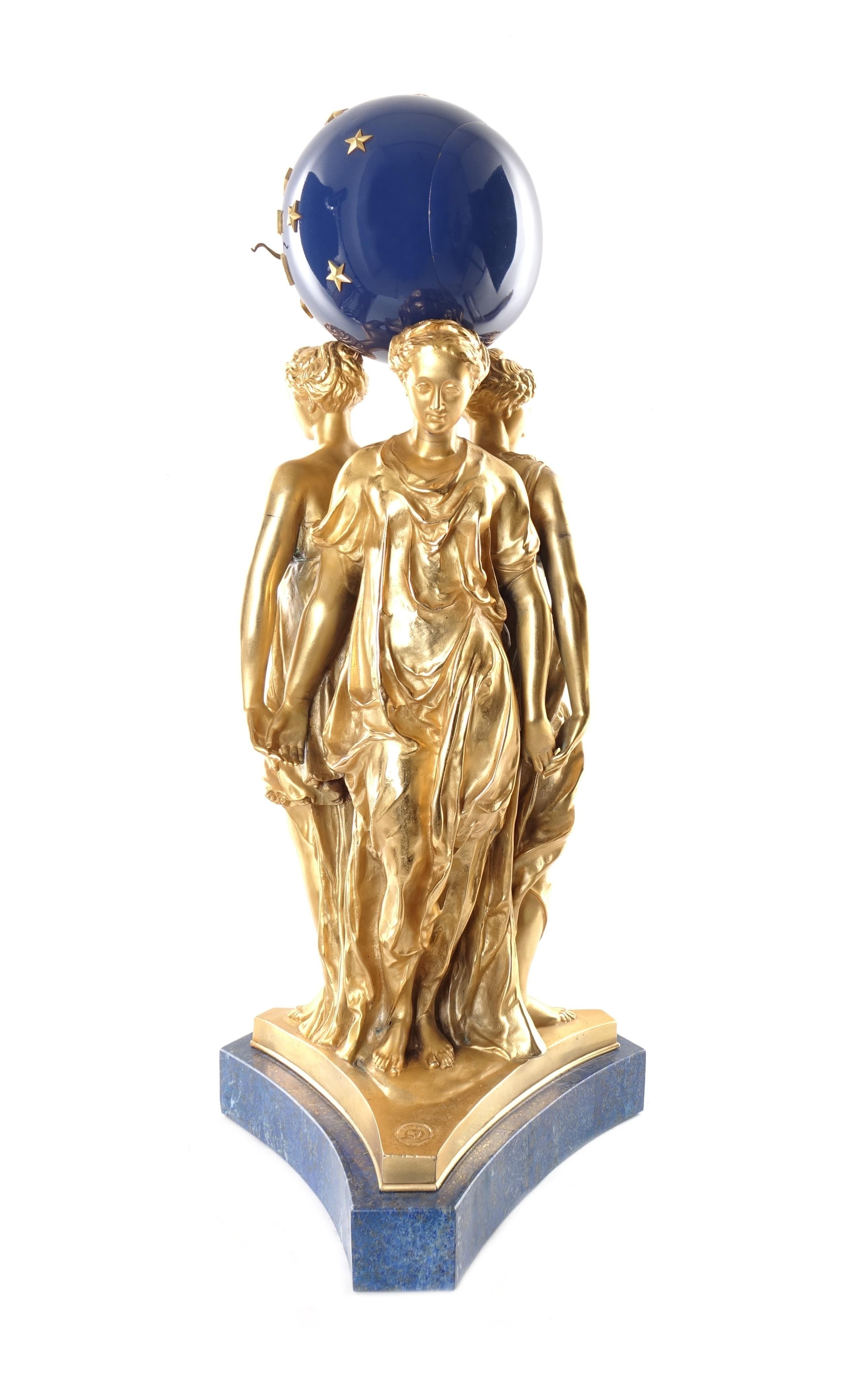 French Collas Achille for Ferdinand Barbedienne, Gilt Bronze Clock, Three Graces Sculp