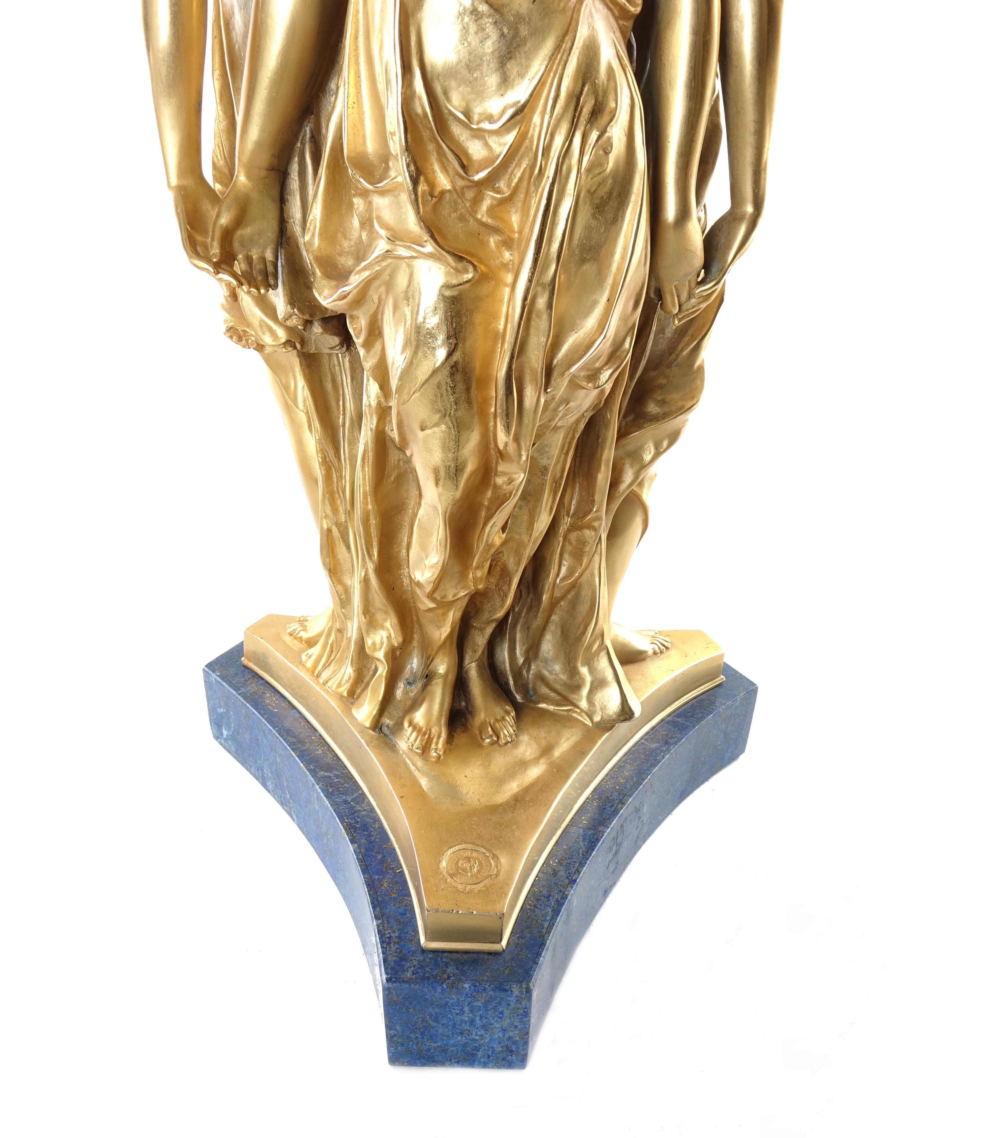 Hand-Crafted Collas Achille for Ferdinand Barbedienne, Gilt Bronze Clock, Three Graces Sculp