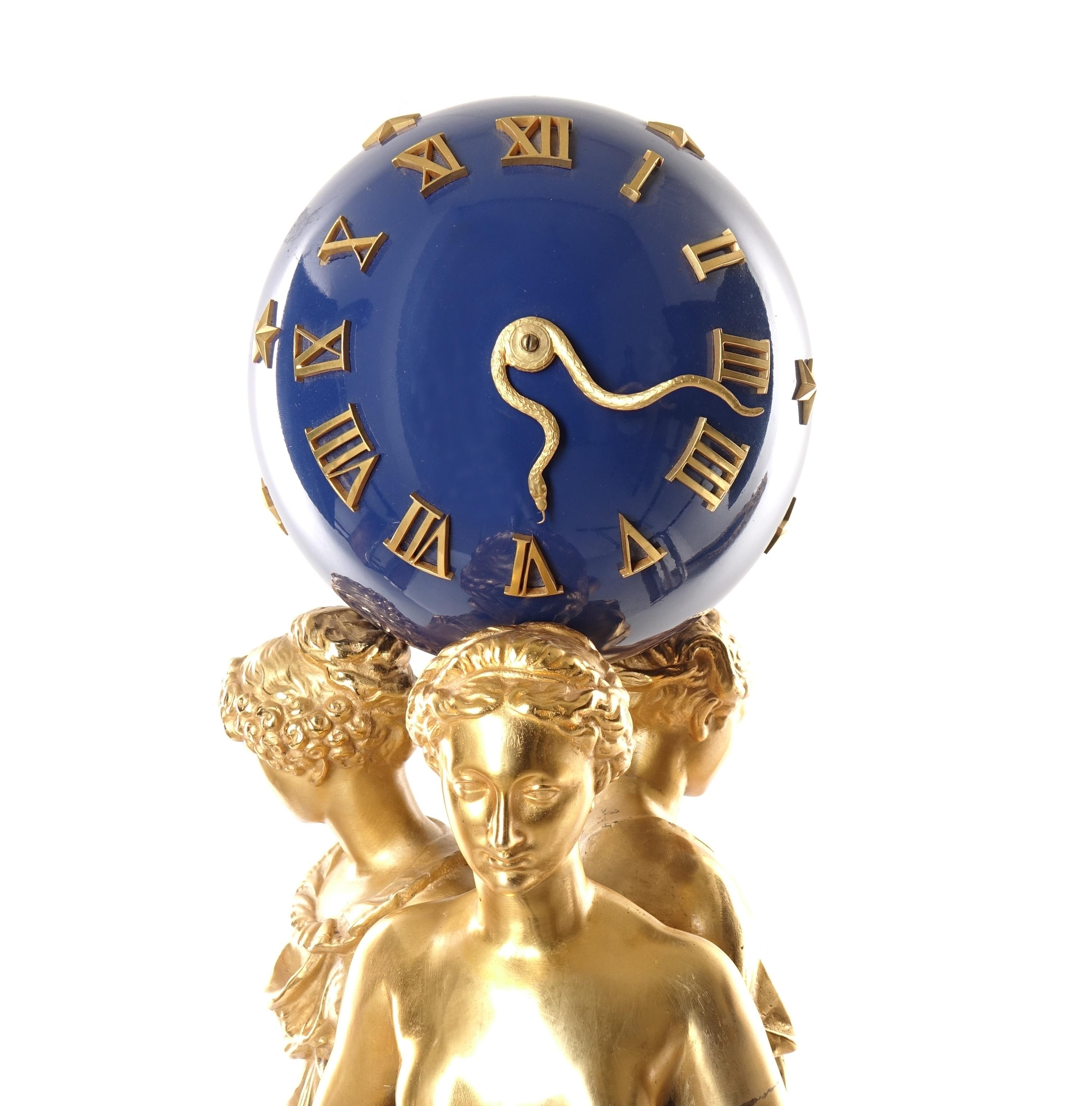 19th Century Collas Achille for Ferdinand Barbedienne, Gilt Bronze Clock, Three Graces Sculp