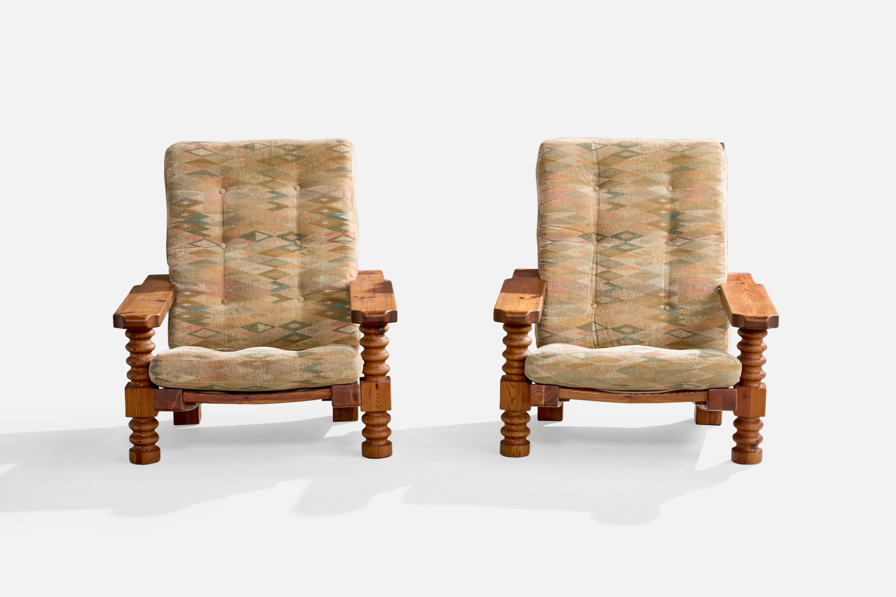 Mid-Century Modern Collden, Lounge Chairs, Pine, Fabric, Sweden, 1970s For Sale