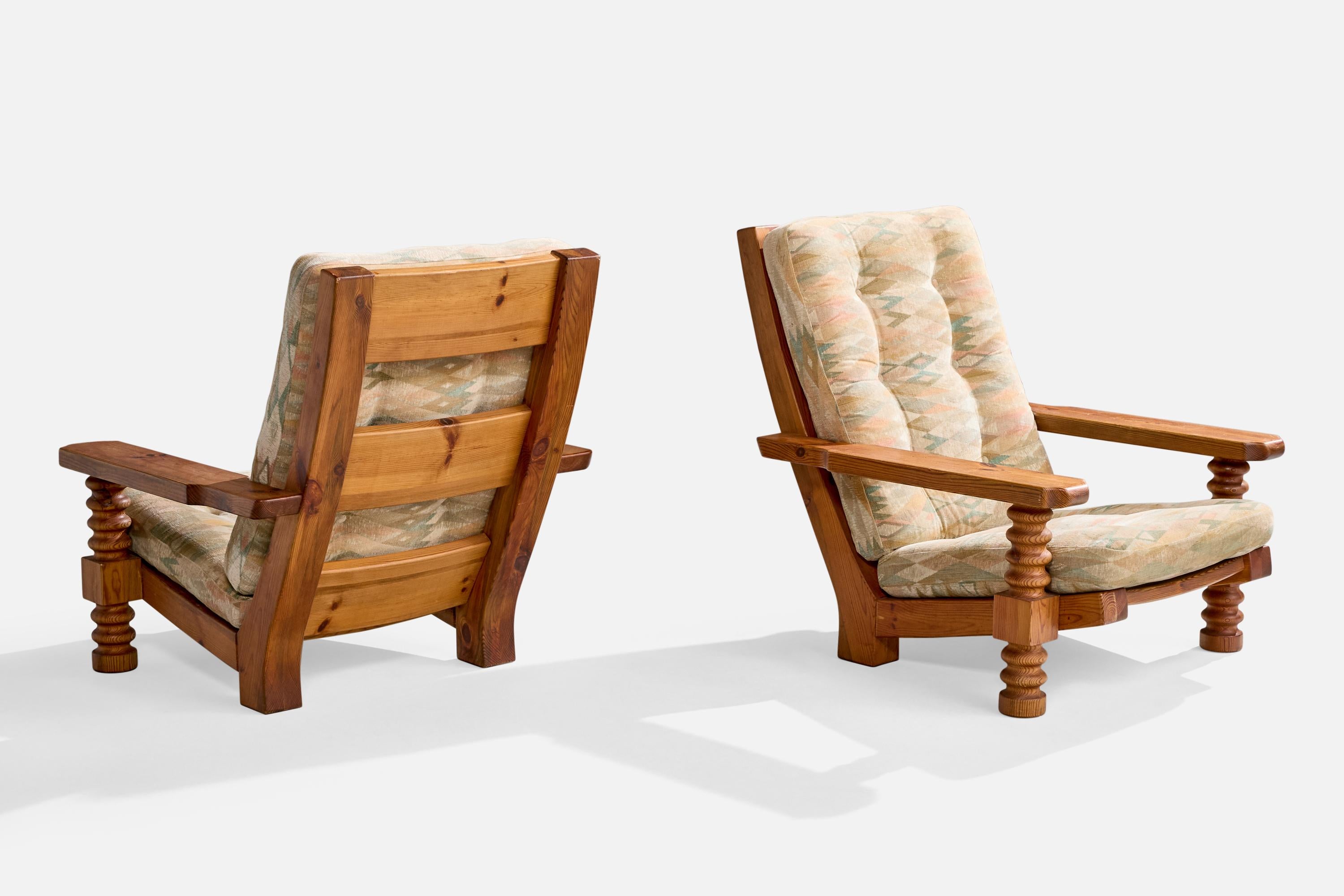 Swedish Collden, Lounge Chairs, Pine, Fabric, Sweden, 1970s For Sale