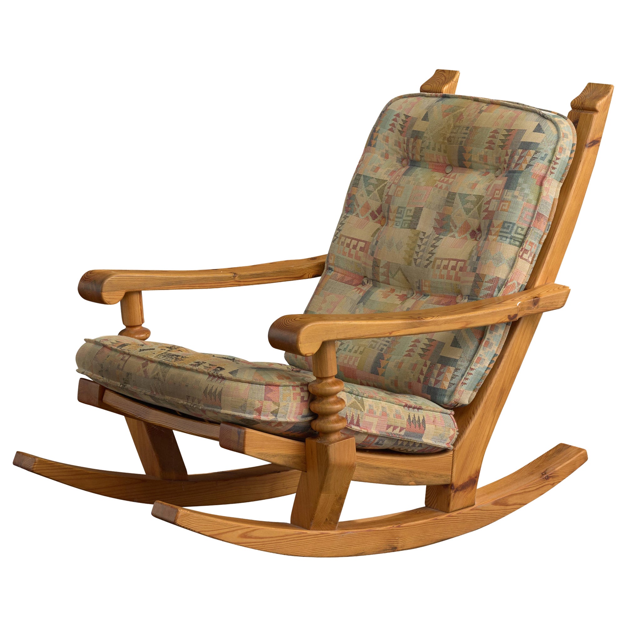 Collden, Rocking Lounge Chair, Pine, Fabric, Sweden, 1970s