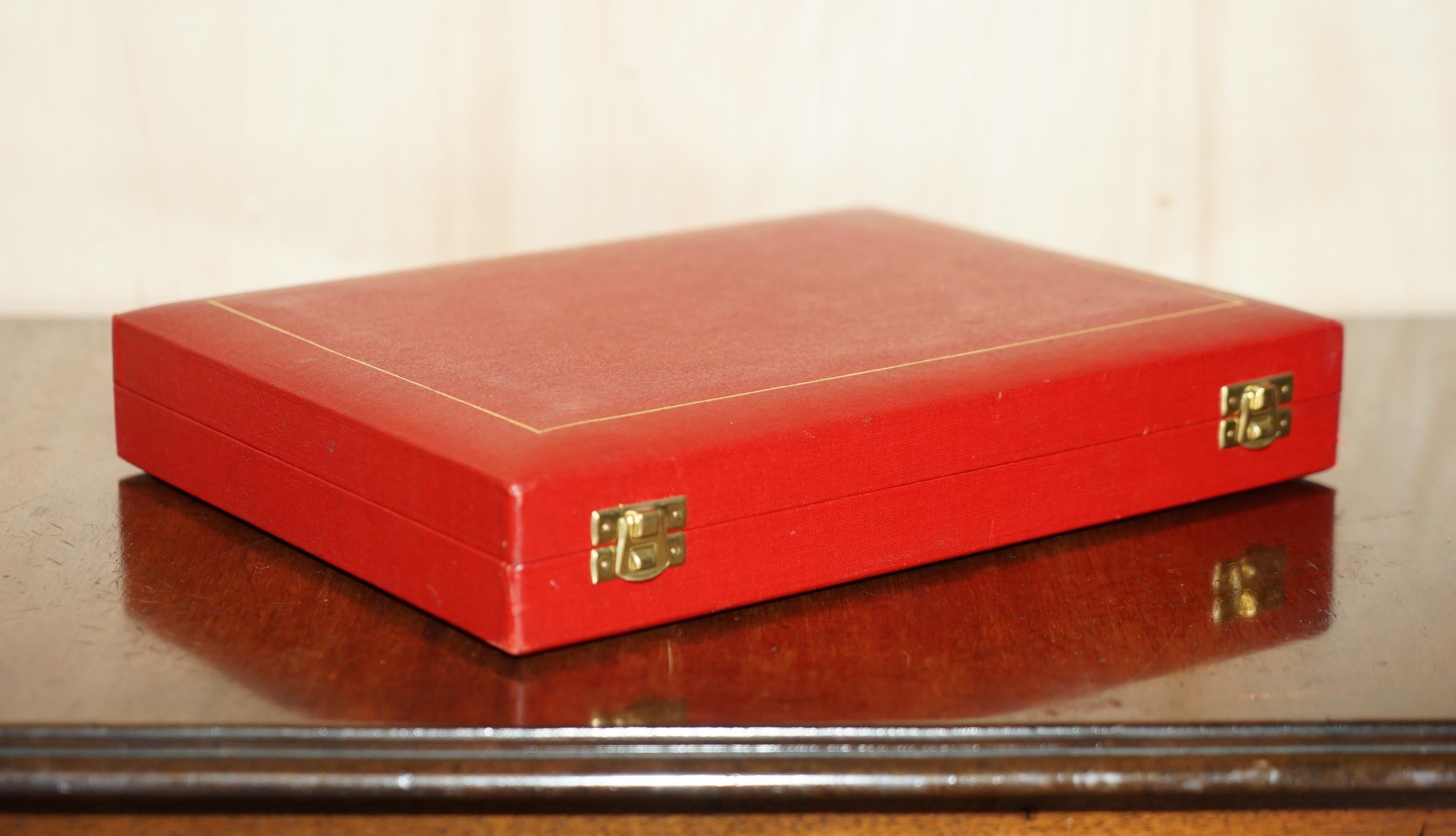 We are delighted to offer for sale this lovely original Art Deco circa 1920-1930’s Cheese Wine and Nut set in the original silk lined fitted case fully stamped with the Royal Warrant

A very collectable suite, I’ve not seen one this large before,