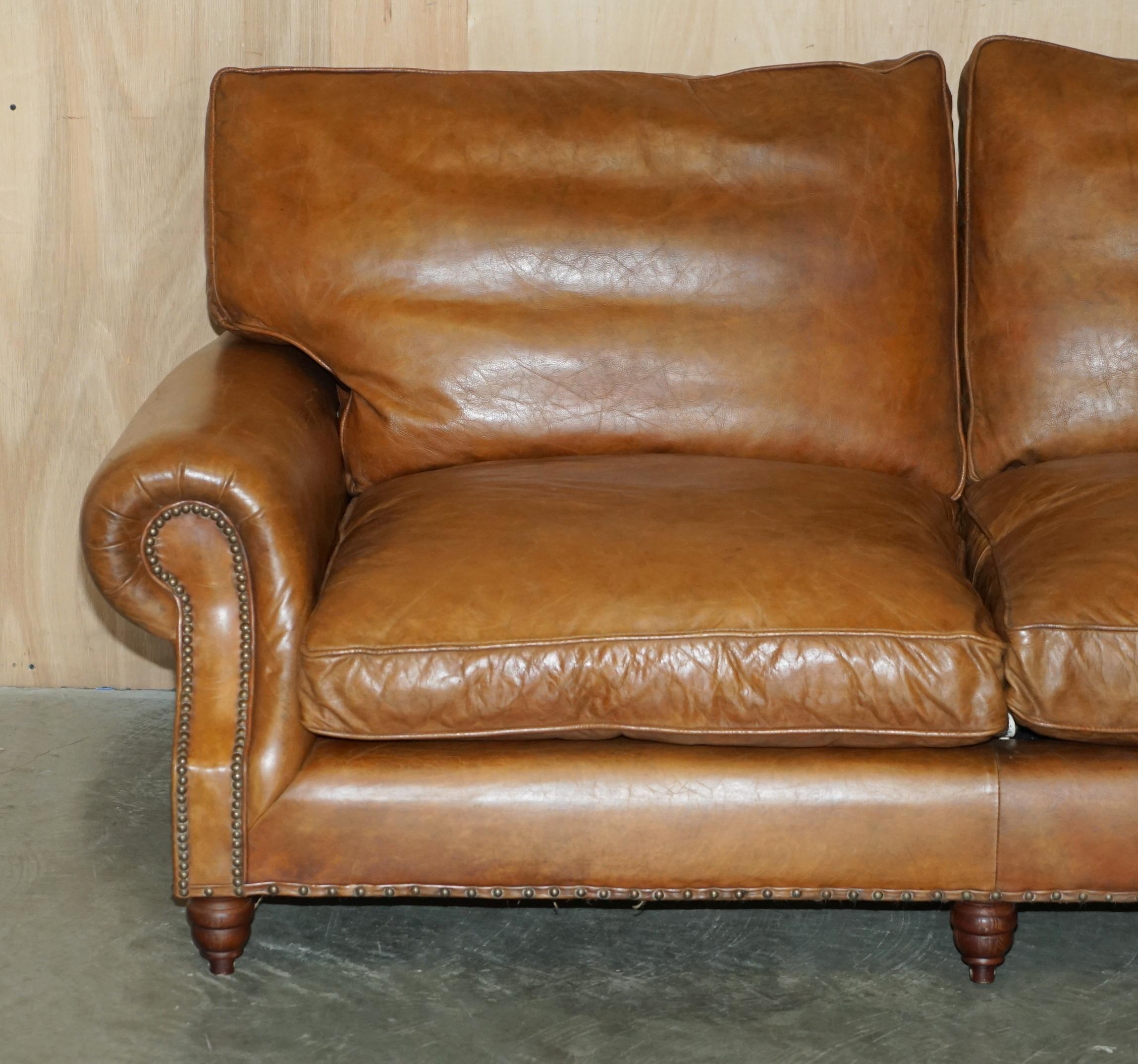 Country COLLECTABLE TIMOTHY OULTON DESIGNER HERiTAGE BROWN LEATHER BALMORAL SOFA For Sale