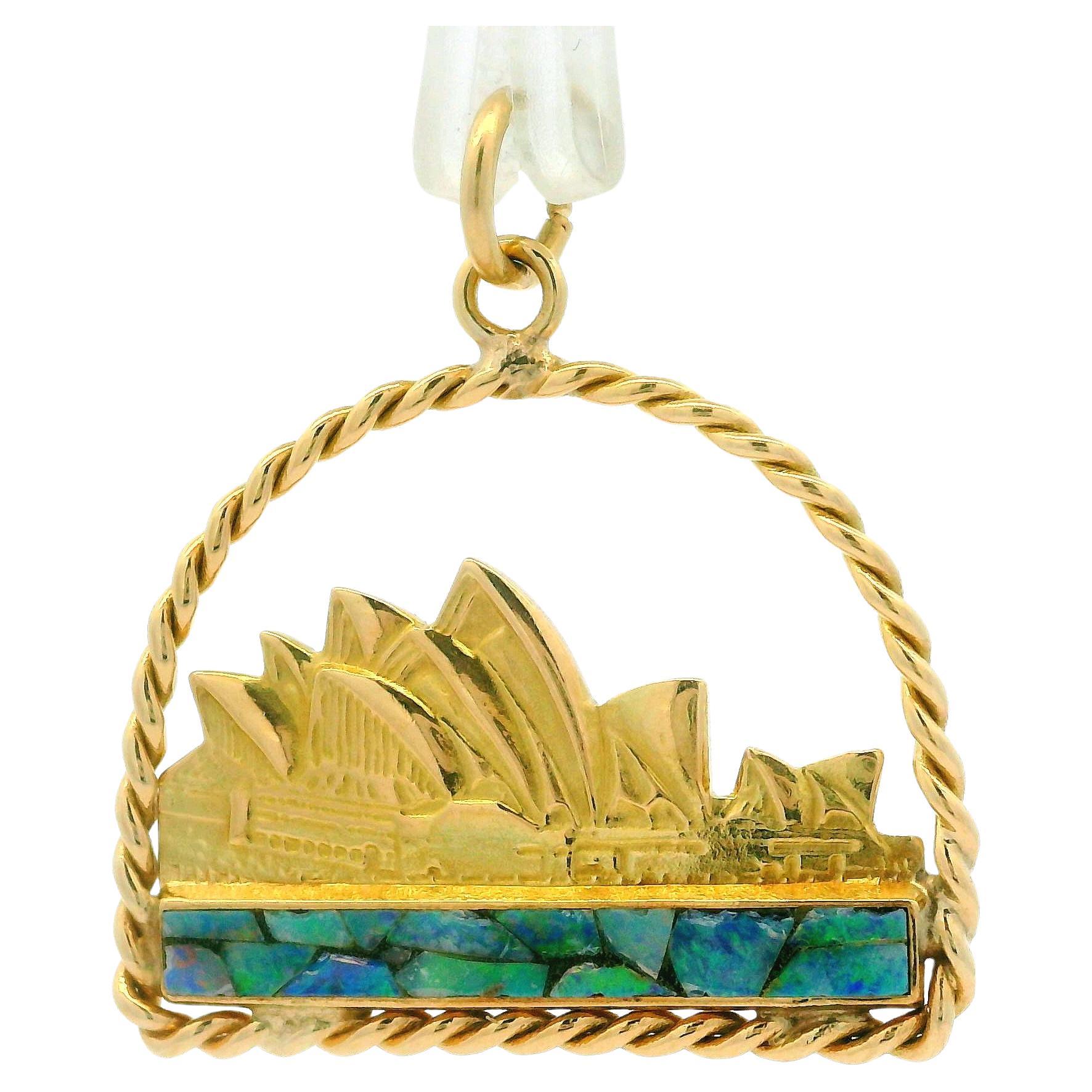 Collectible 14k Yellow Gold Mosaic Opal Detailed Sydney Opera House Pendant For Sale