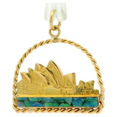 Collectible 14k Yellow Gold Mosaic Opal Detailed Sydney Opera House Pendant