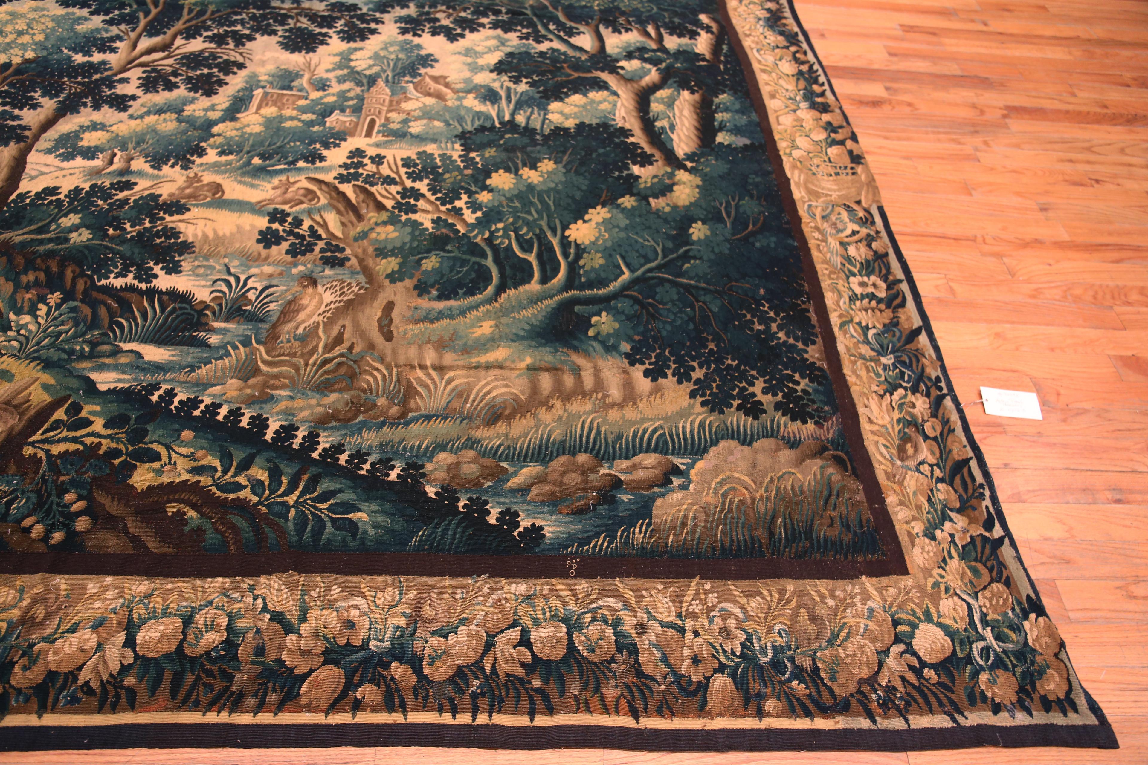 Hand-Knotted Collectible 17th Century Antique French Silk Verdure Tapestry 10' x 12'5