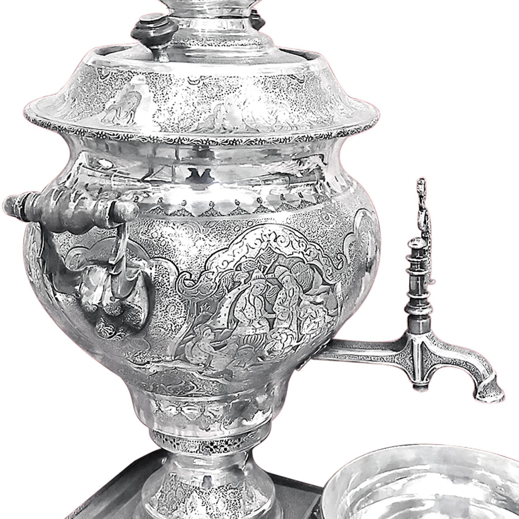 This unique and vintage piece of Samovar set was hand carved delicately. Each part has a different kind of design depicting men, women, birds, animals, trees, and houses that tells an inspiring story. Made by the best craftsman,