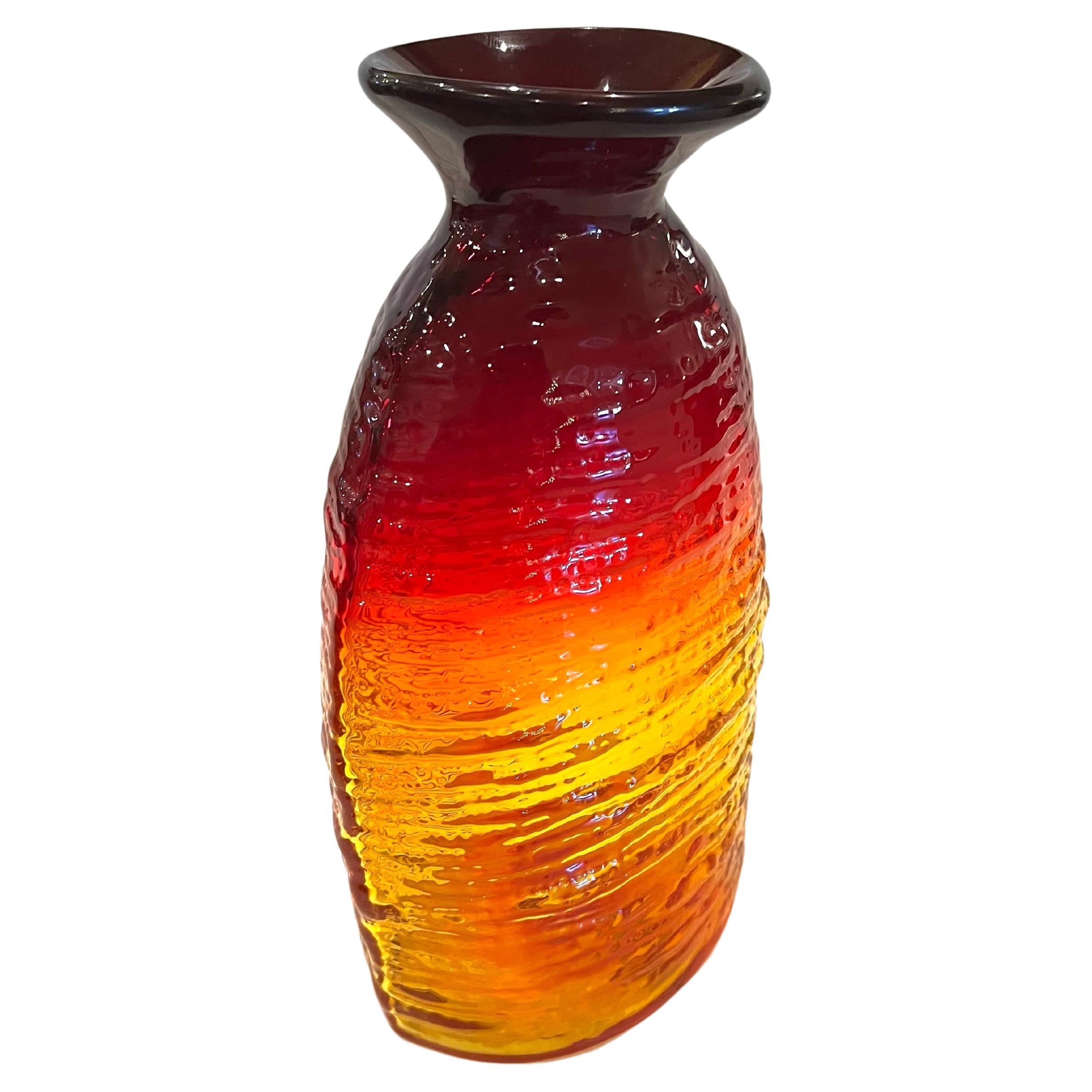 Beautiful colors on this large Blenko amberina glass vase, circa 2005 retains label and embossed in glass date and logo, excellent condition.
