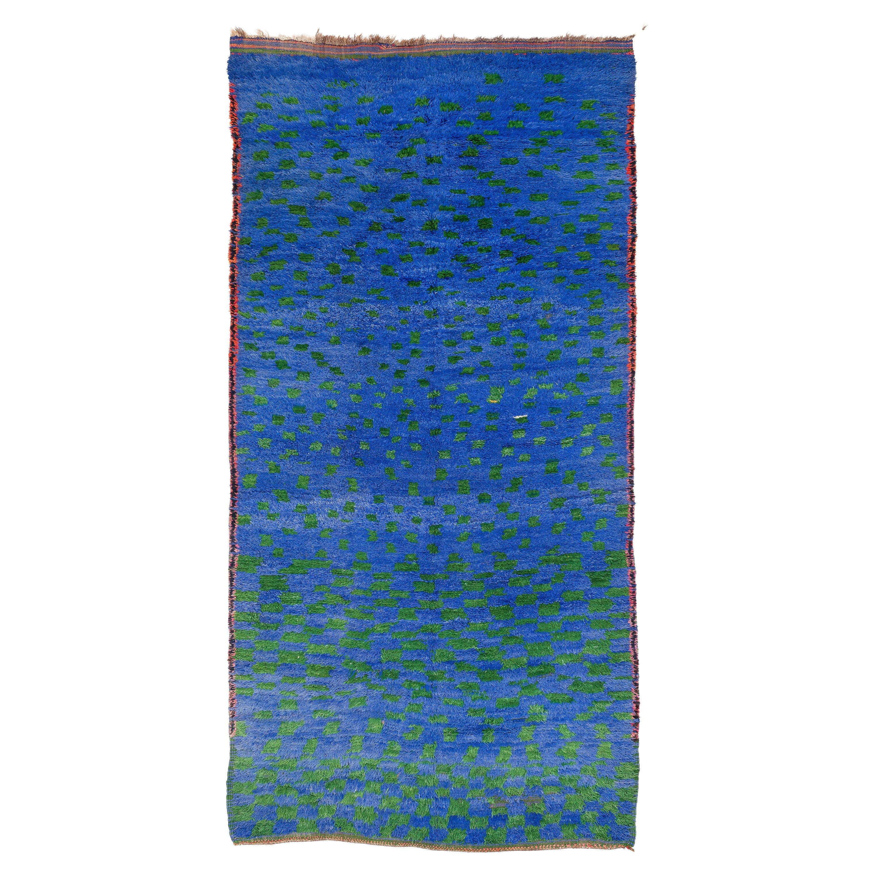 Collectible Antique Midcentury Blue Green Vintage Moroccan Wool Shag Area Rug