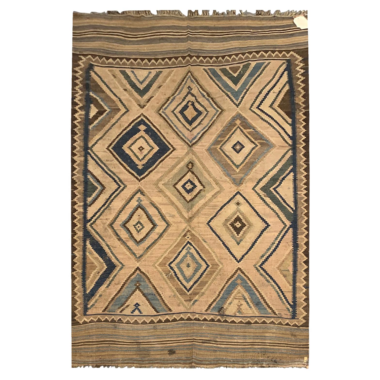 Collectible Antique Rugs Wool Area Kilims Geometric Diamond Kilim Rug For Sale