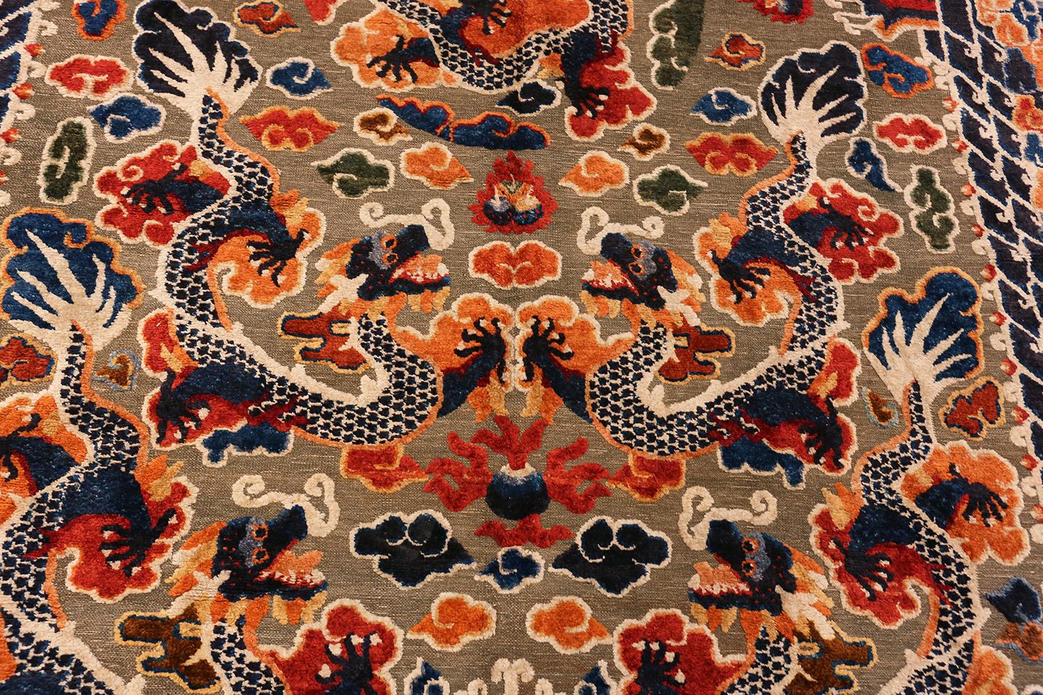 Chinese Chippendale Collectible Antique Silk and Metallic Thread Chinese Dragon Rug. 6 ft x 9 ft 3in