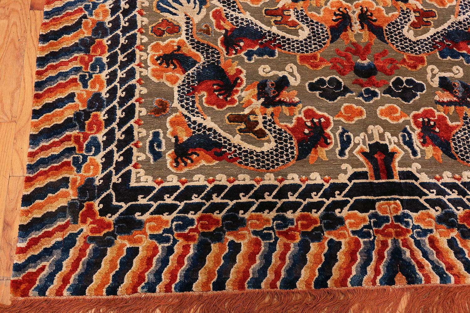 Hand-Knotted Collectible Antique Silk and Metallic Thread Chinese Dragon Rug. 6 ft x 9 ft 3in