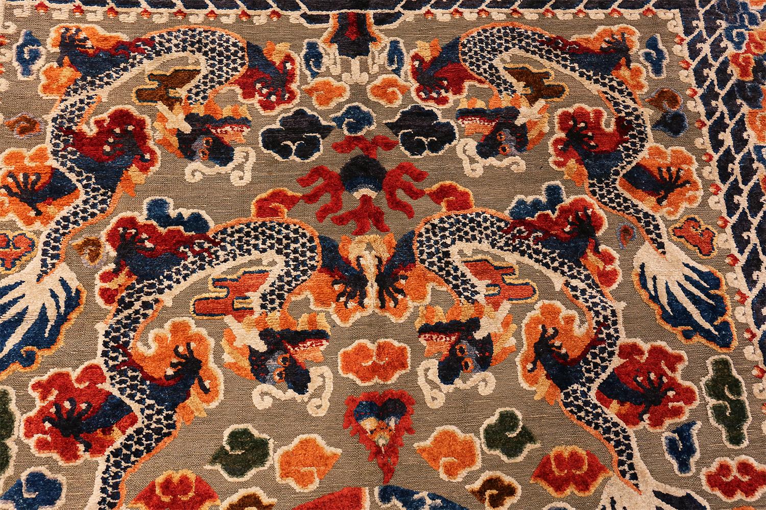 Collectible Antique Silk and Metallic Thread Chinese Dragon Rug. 6 ft x 9 ft 3in In Good Condition In New York, NY